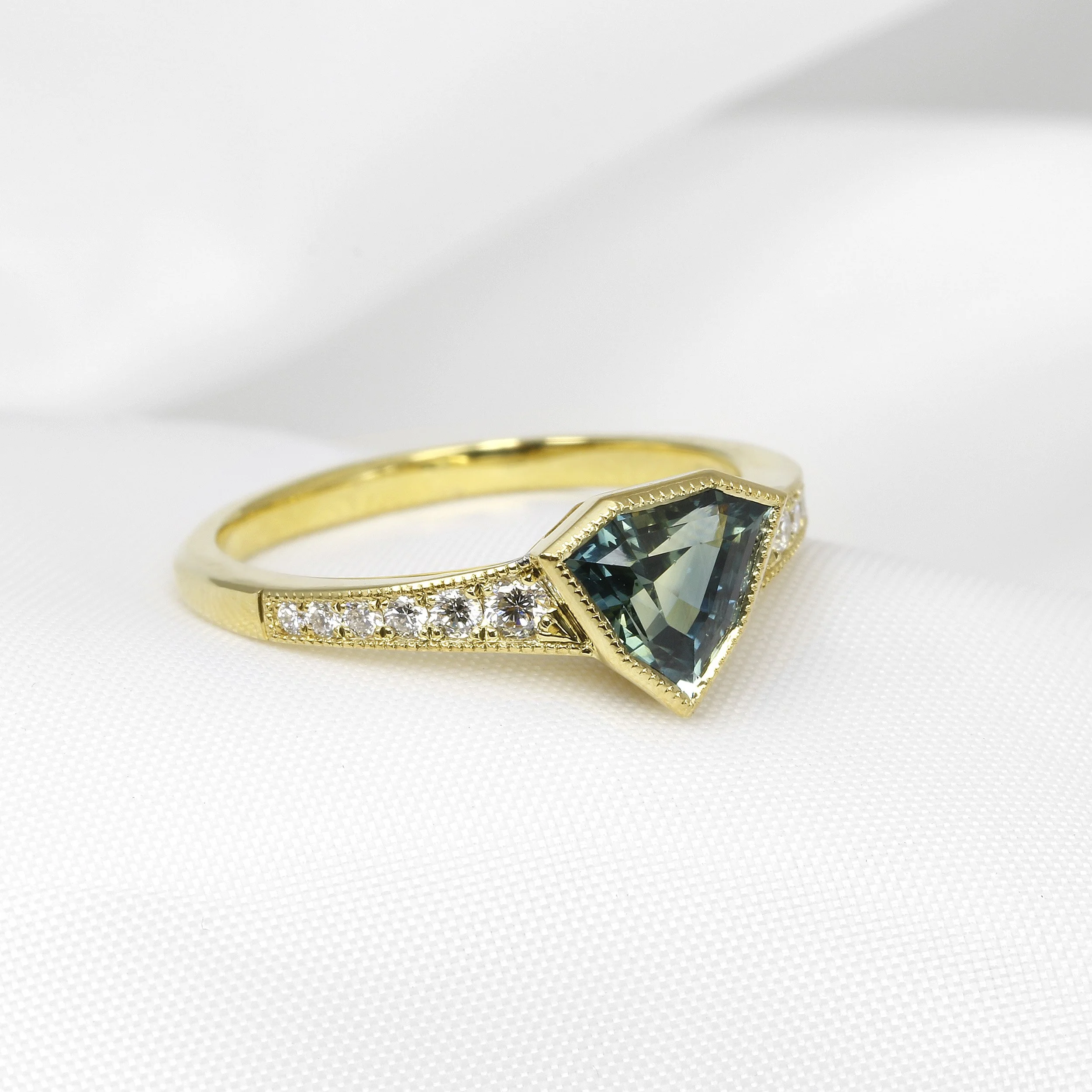 Shield Shape Teal Sapphire and Diamond Ring