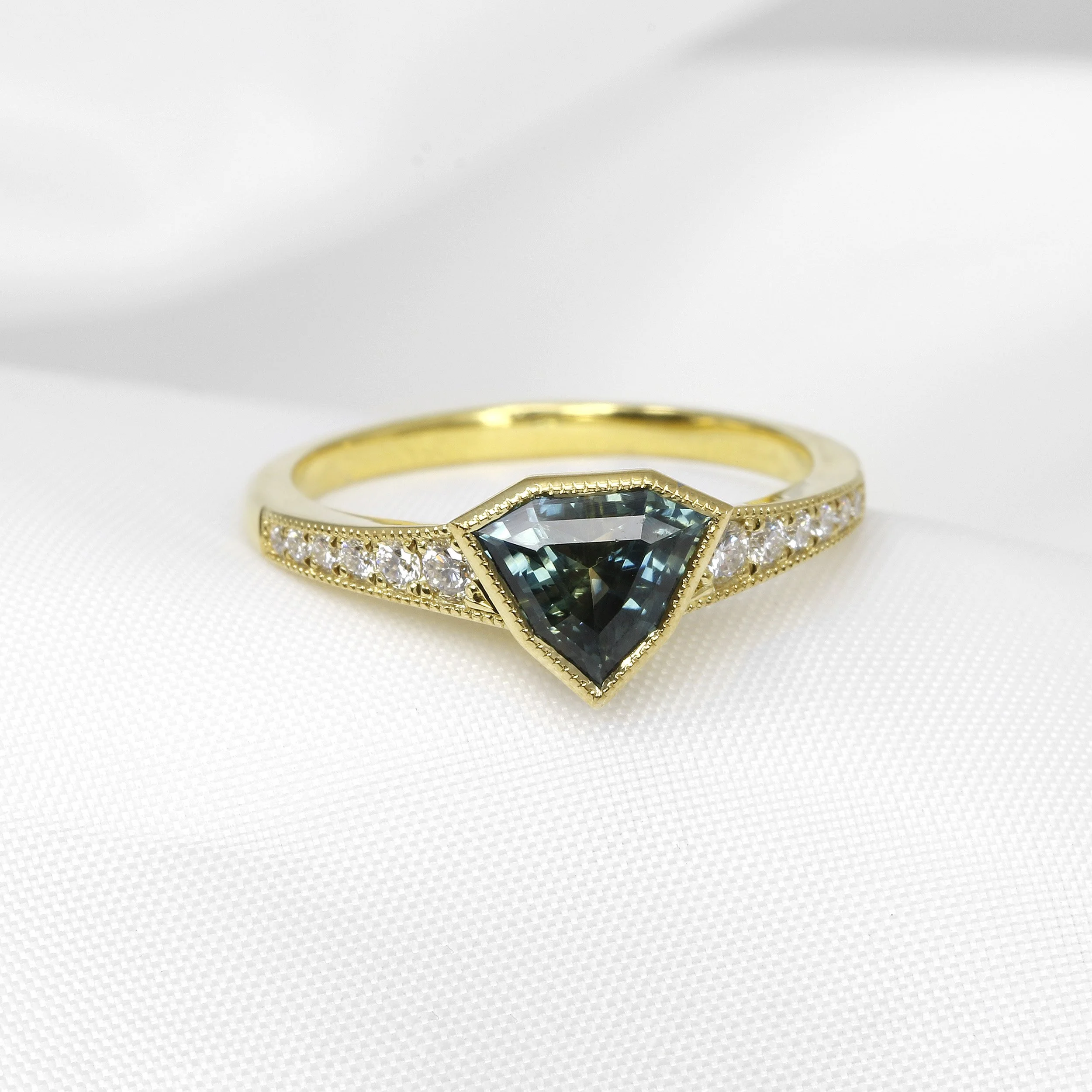 Shield Shape Teal Sapphire and Diamond Ring