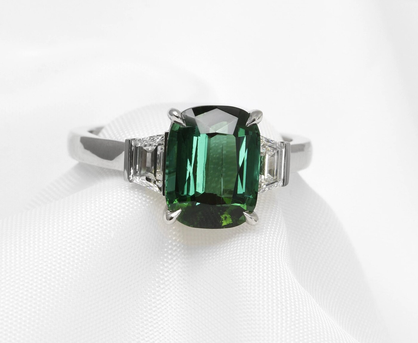 Tourmaline and Trapeze Diamond Ring in Platinum 