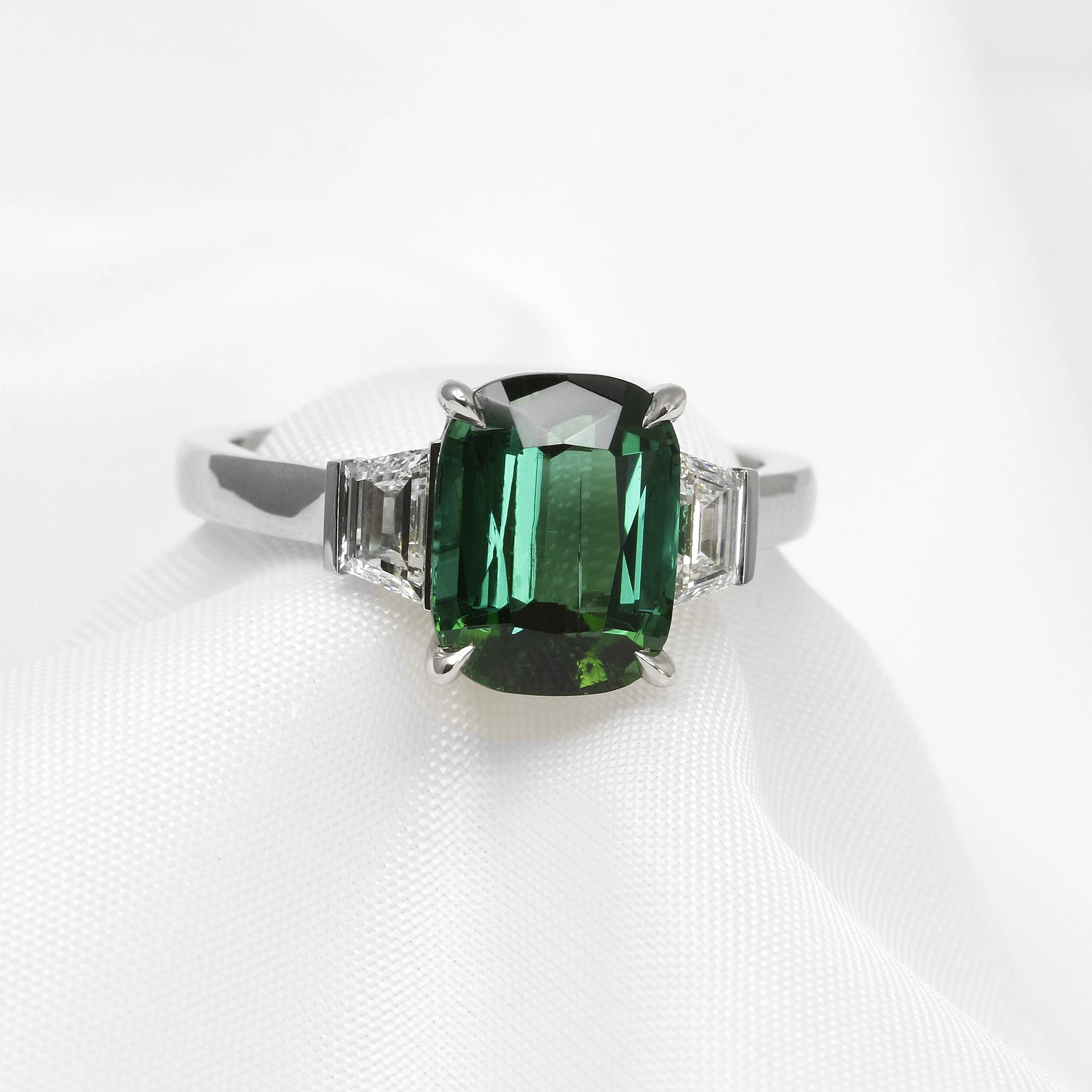 Tourmaline and Trapeze Diamond Ring in Platinum