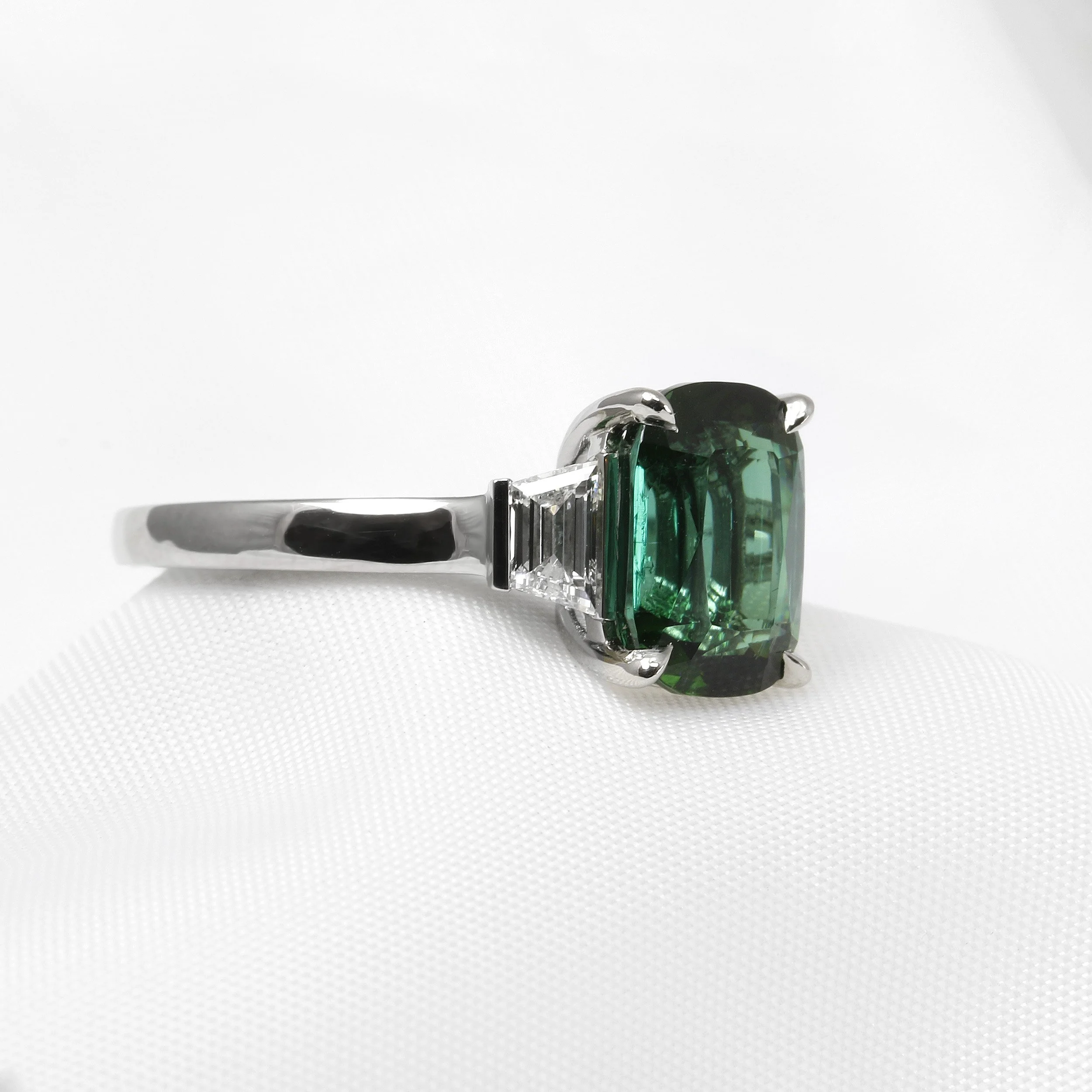 Tourmaline and Trapeze Diamond Ring in Platinum