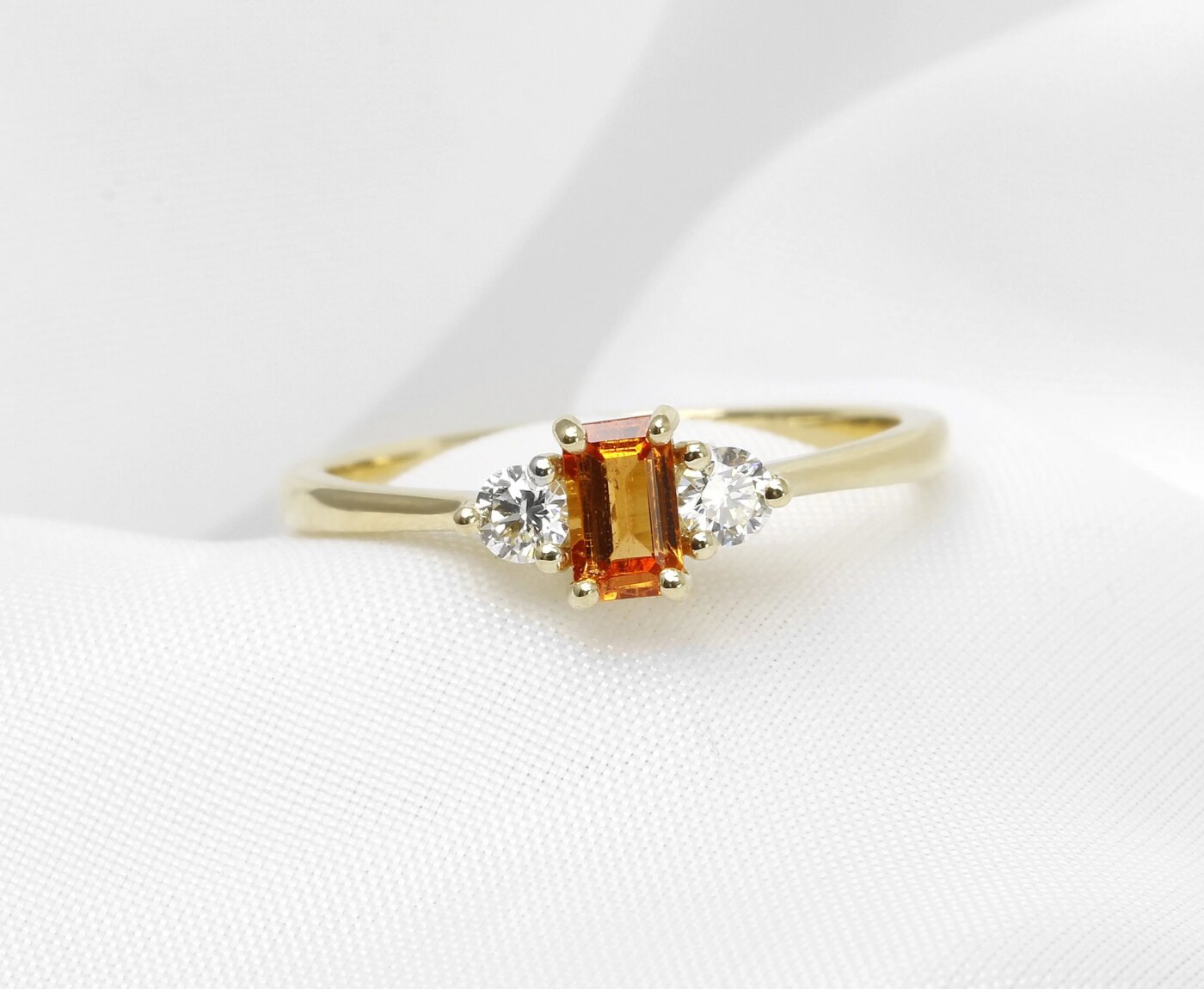 Spessartine Garnet: Timothy Roe Mandarin Garnet and Diamond Ring in 9ct Yellow Gold