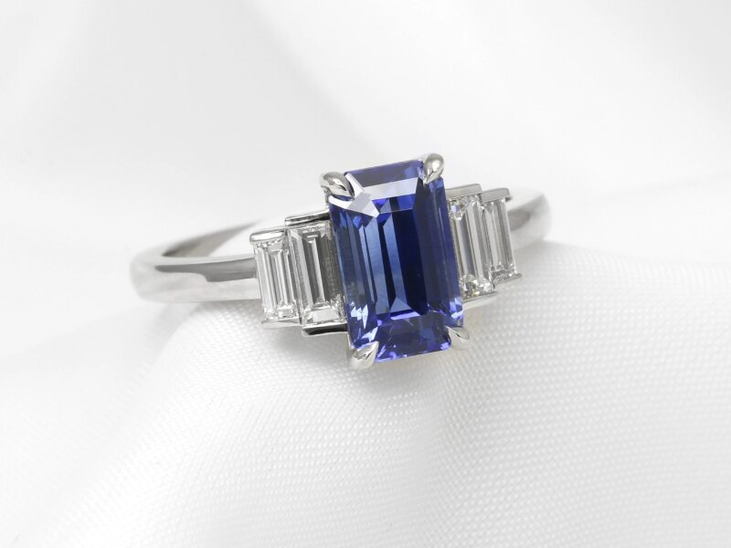 Sapphire and Baguette Diamond Ring in Platinum