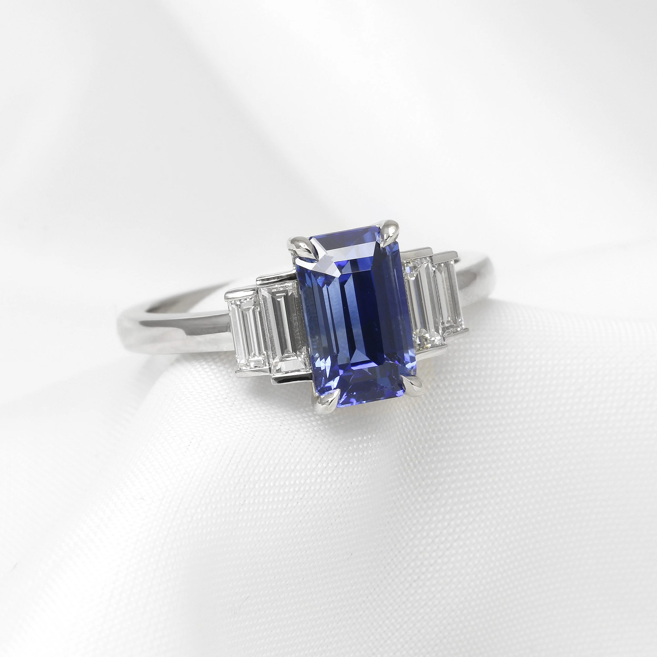 Sapphire and Baguette Diamond Ring in Platinum