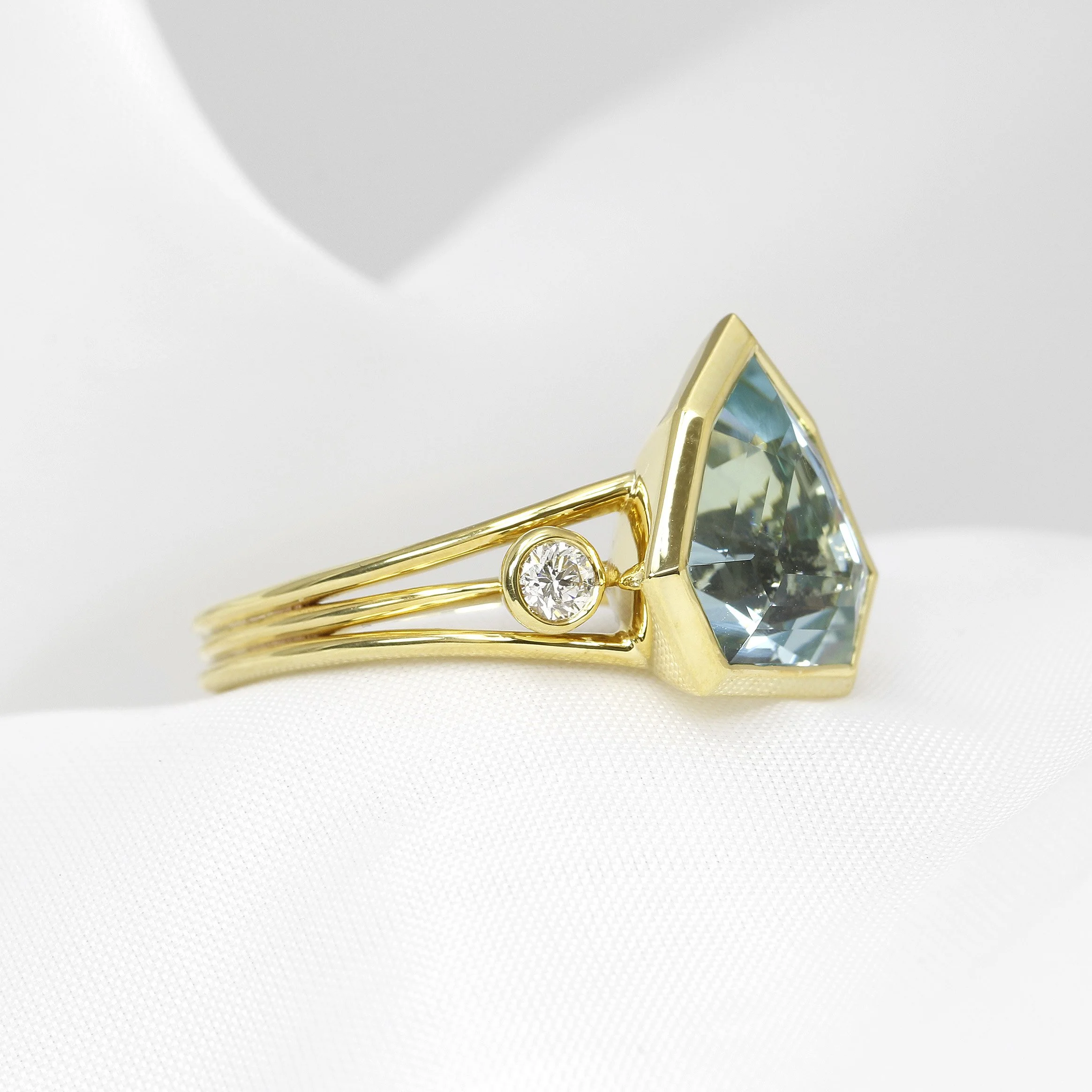 Aquamarine and Diamond Three Band Ring in Yellow Gold