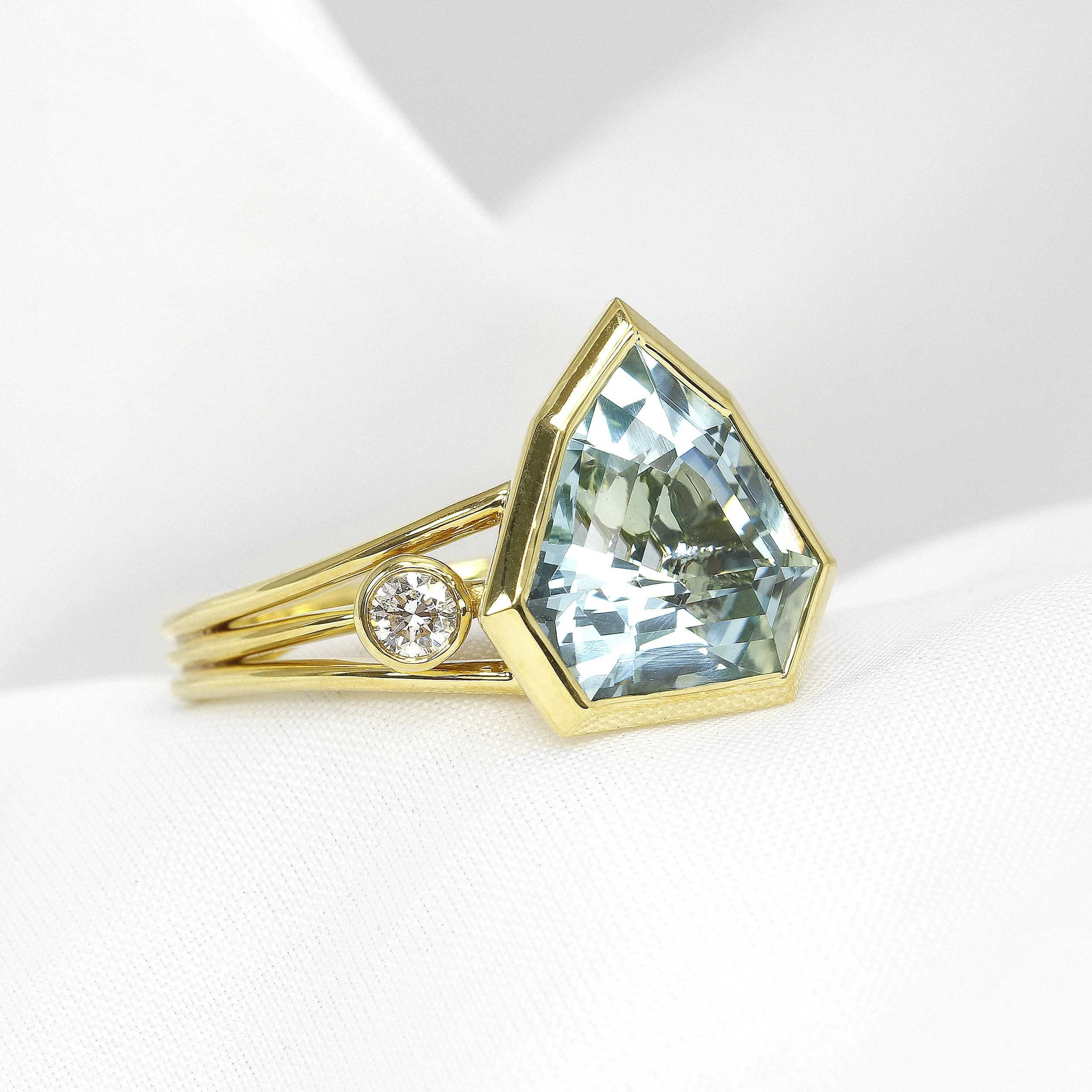 Aquamarine and Diamond Three Band Ring in Yellow Gold