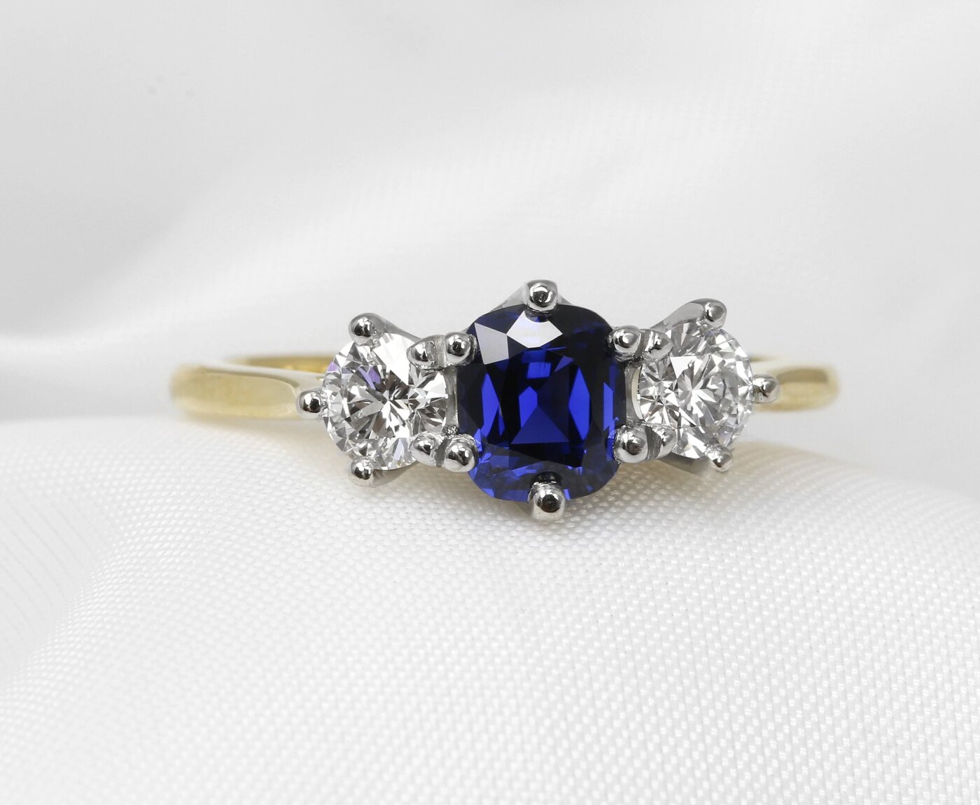 Timothy Roe Sapphire and Diamond Three Stone Ring in Platinum and Yellow Gold 