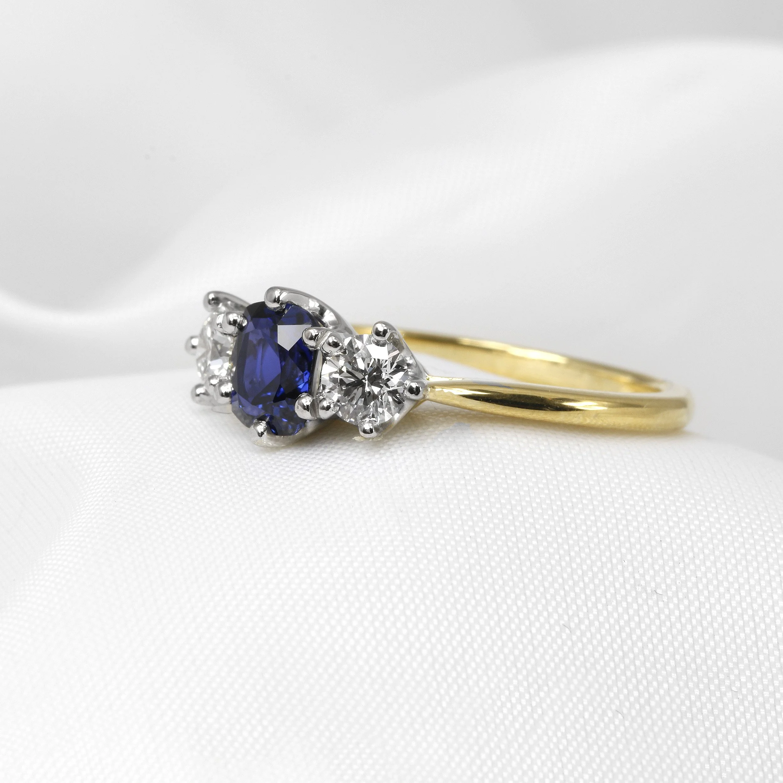Sapphire and Diamond Three Stone Ring in Platinum and Yellow Gold