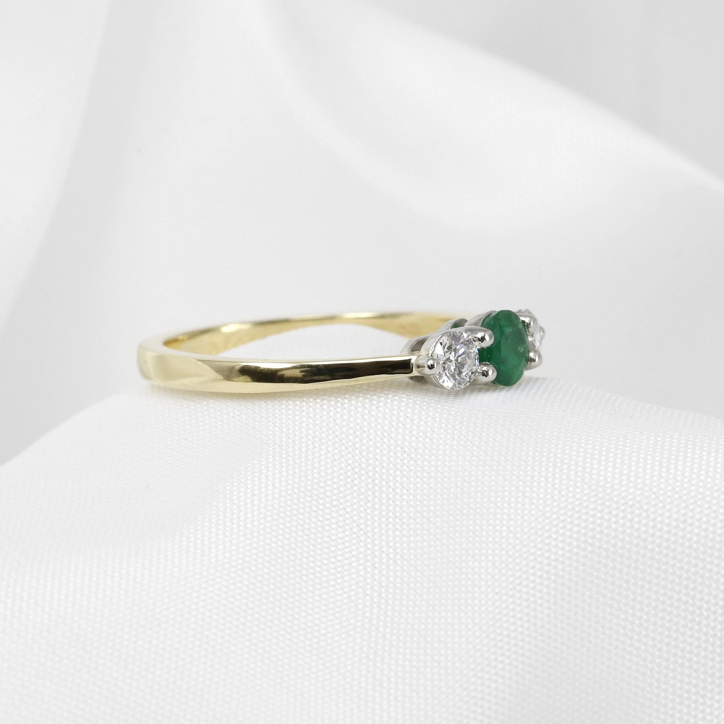 Emerald and Diamond Three Stone Ring in Platinum Yellow Gold