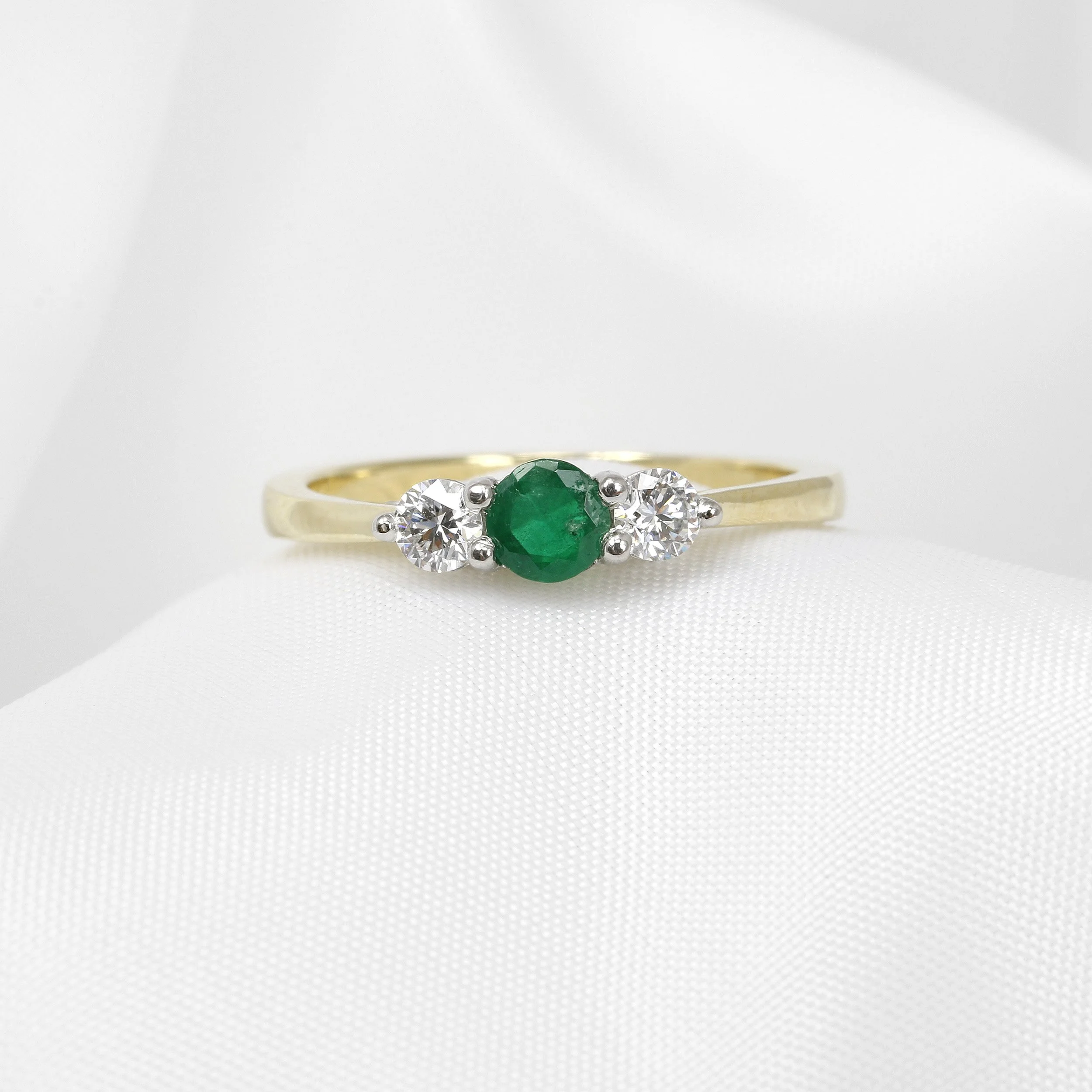 Emerald and Diamond Three Stone Ring in Platinum Yellow Gold