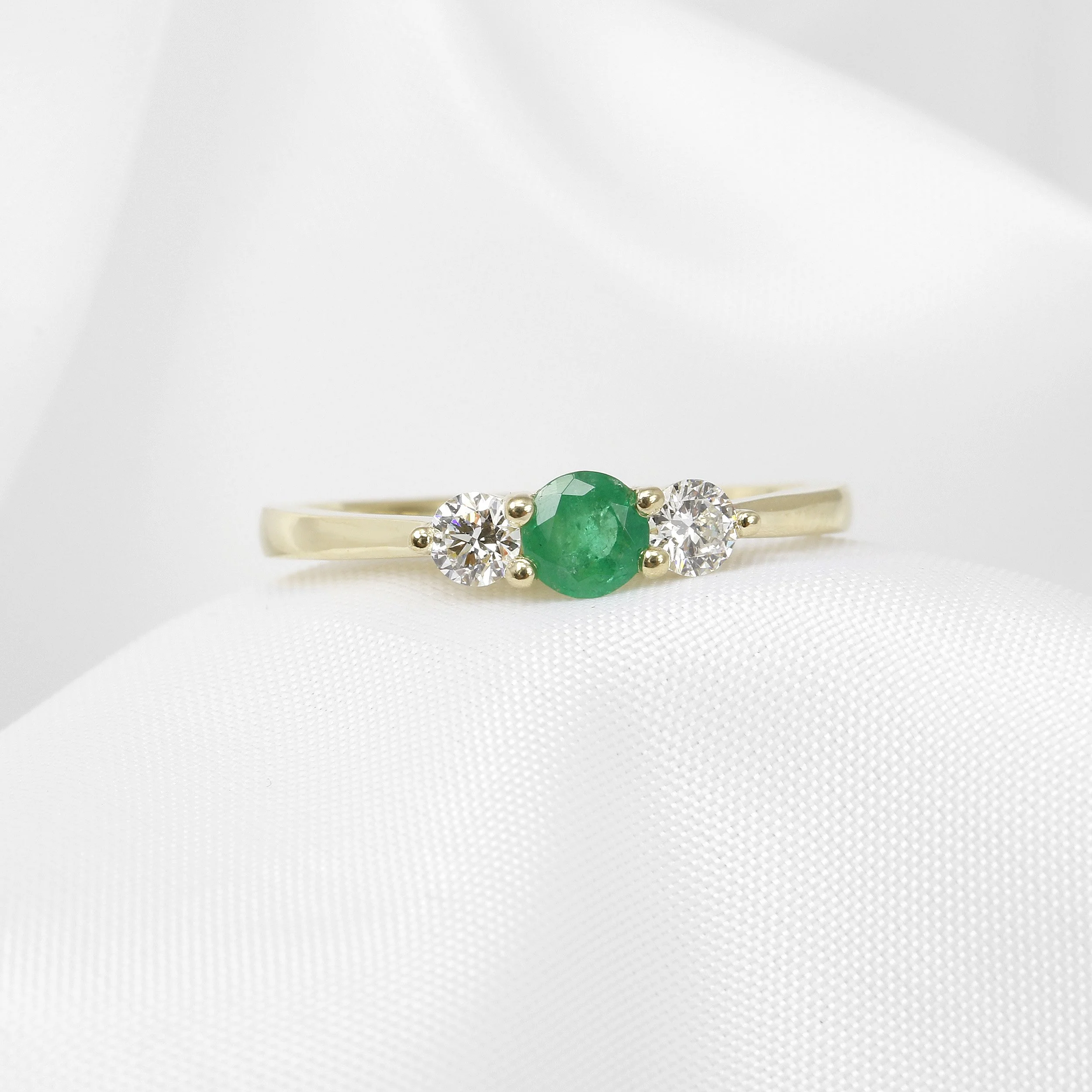 Emerald and Diamond Three Stone Ring in 9ct Yellow Gold