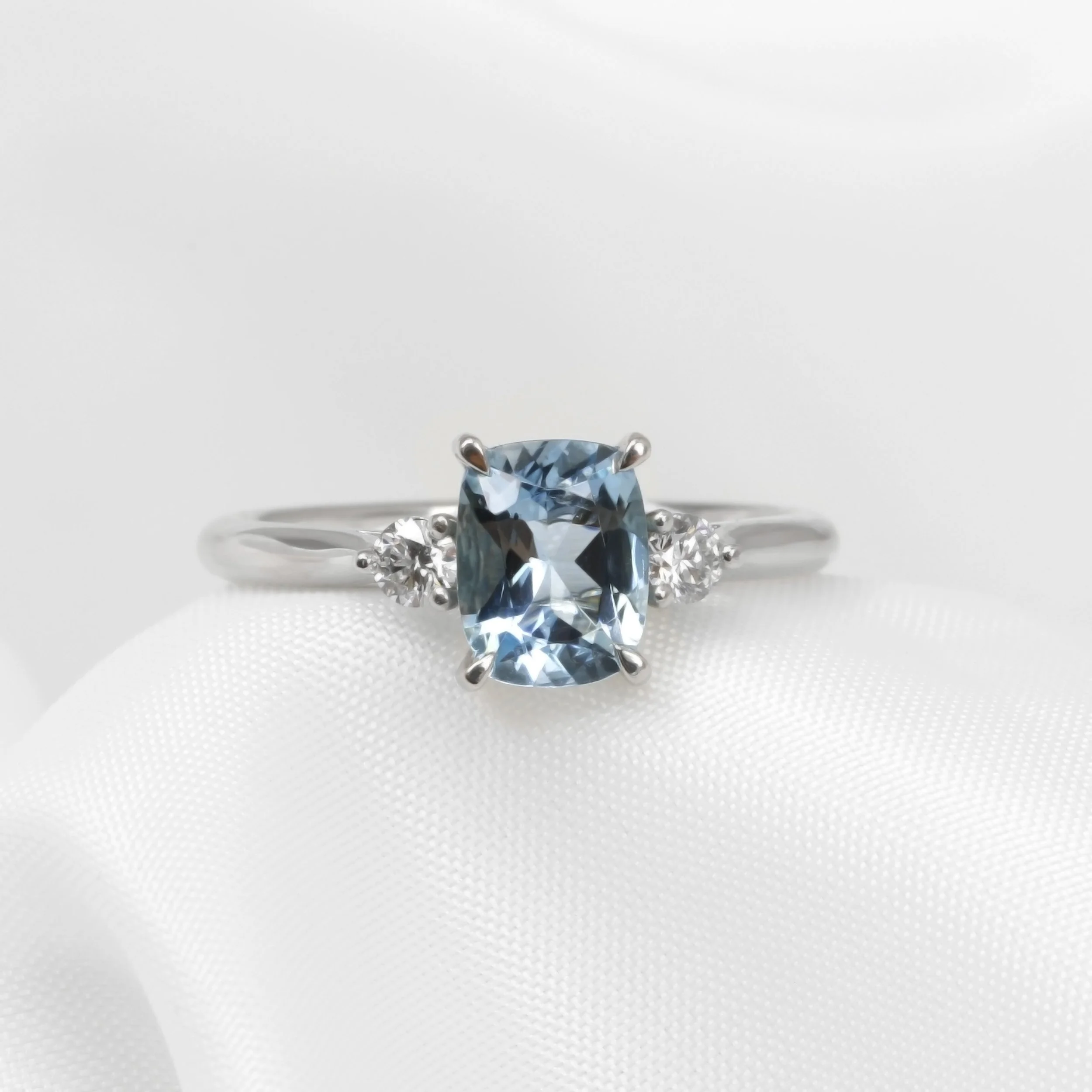 Aquamarine and Diamond Three Stone Ring in Platinum