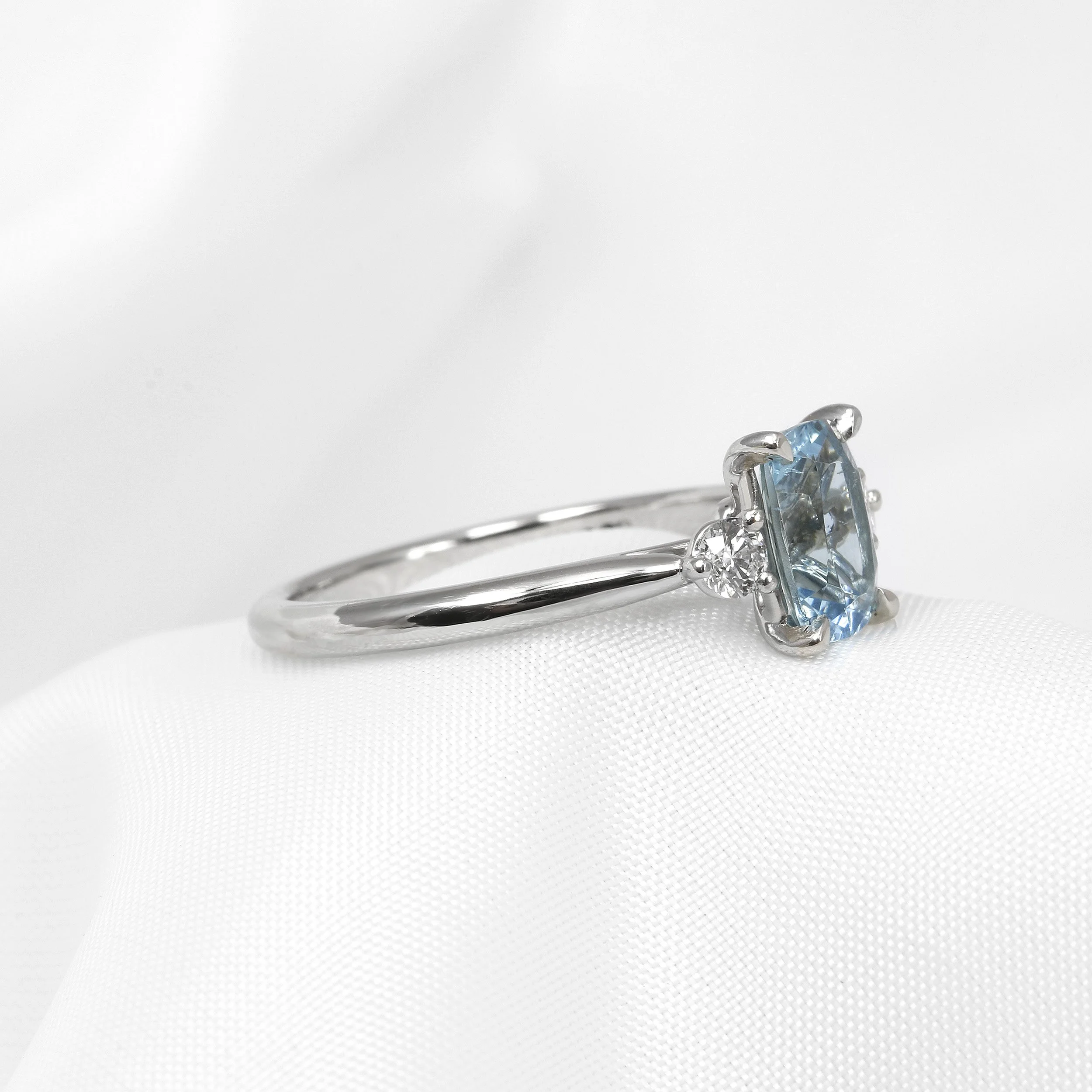 Aquamarine and Diamond Three Stone Ring in Platinum