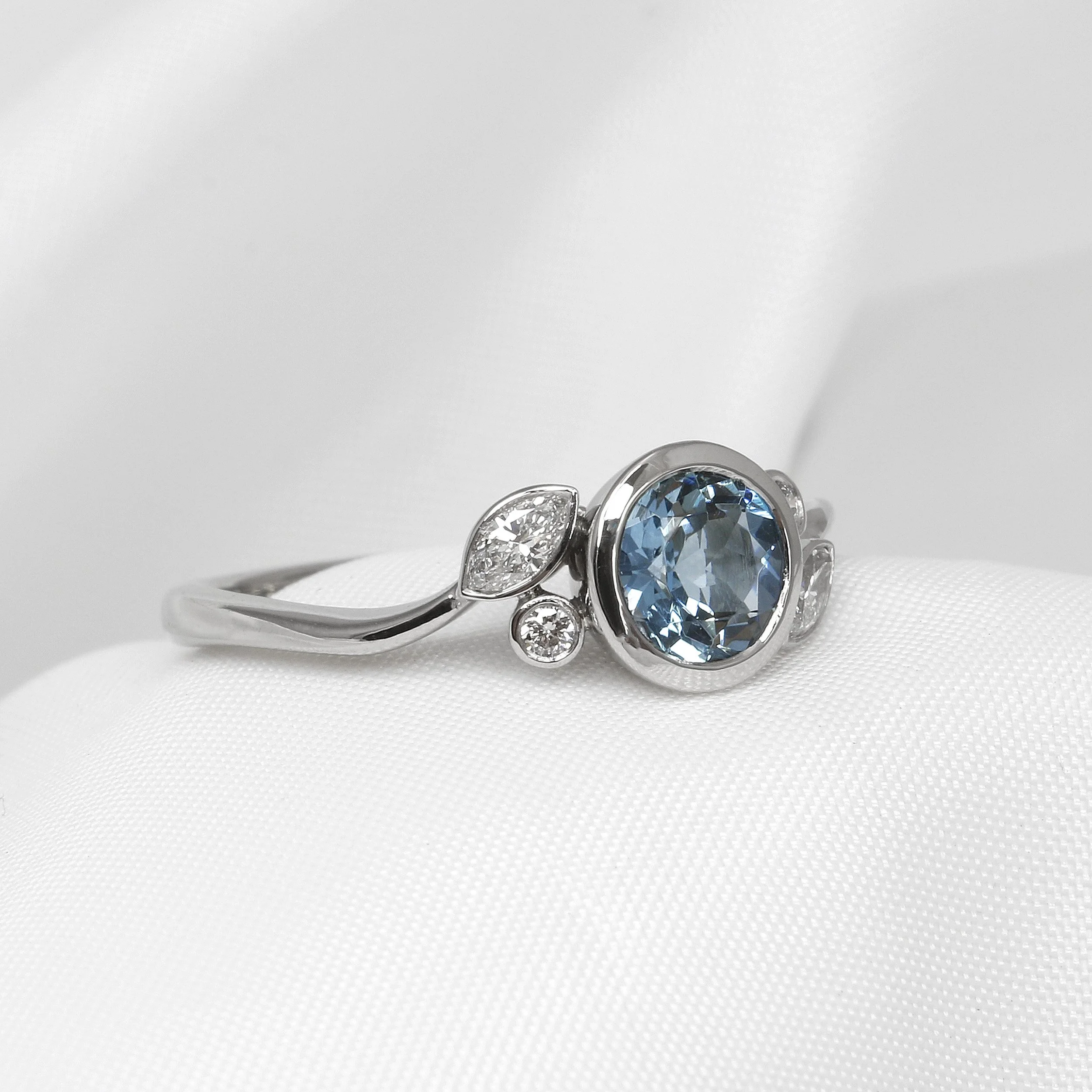 Aquamarine and Diamond Bud and Bloom Foliate Ring