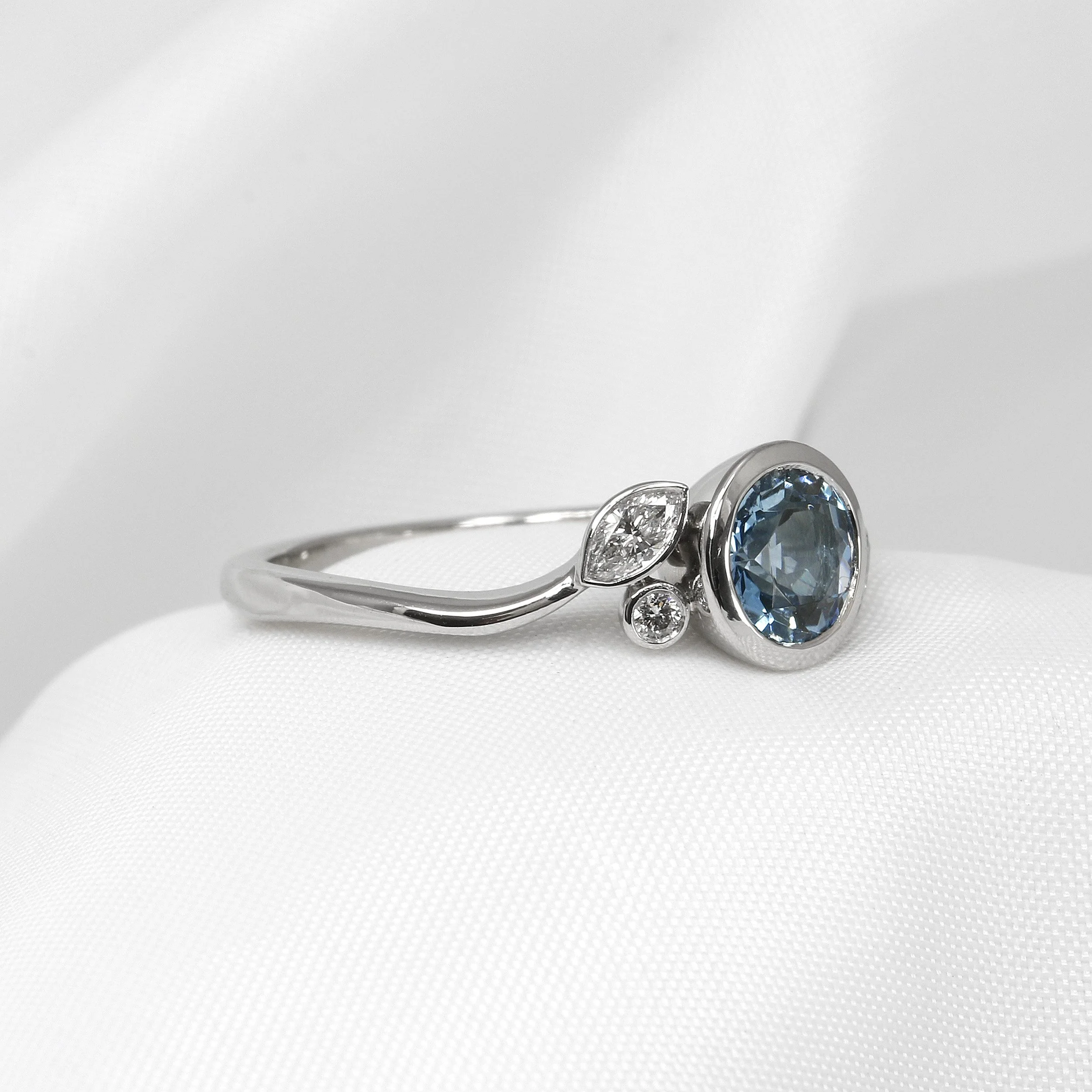 Aquamarine and Diamond Bud and Bloom Foliate Ring