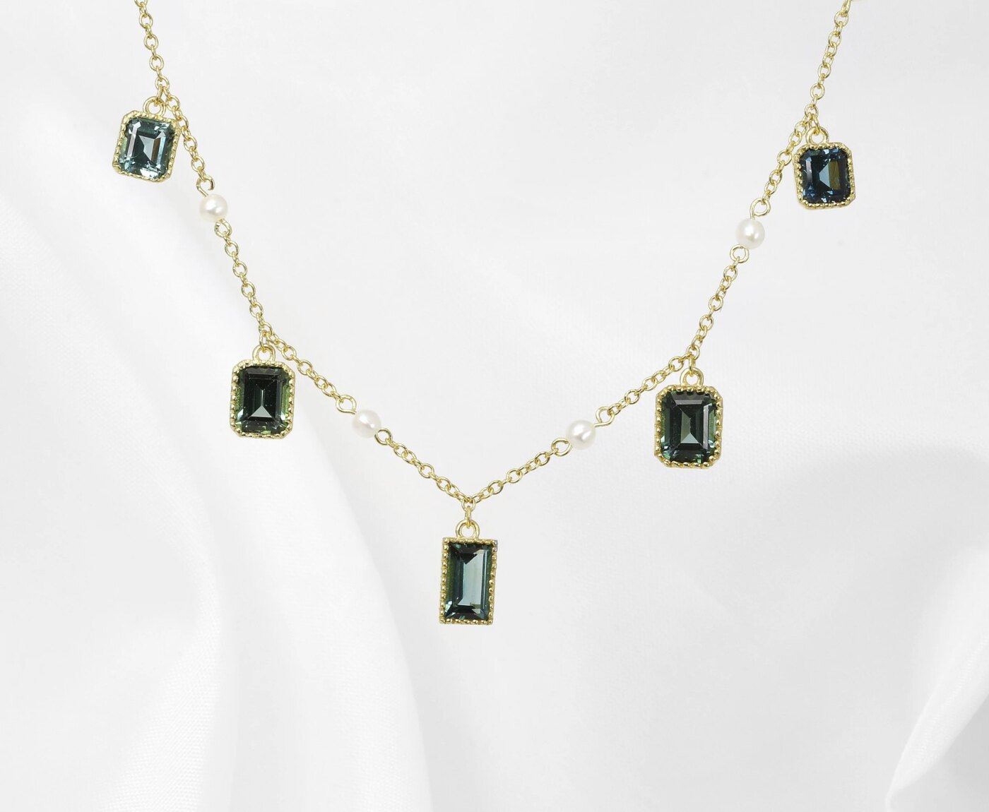 Tourmaline Multi-Drop Necklace with Seed Pearls in Yellow Gold
