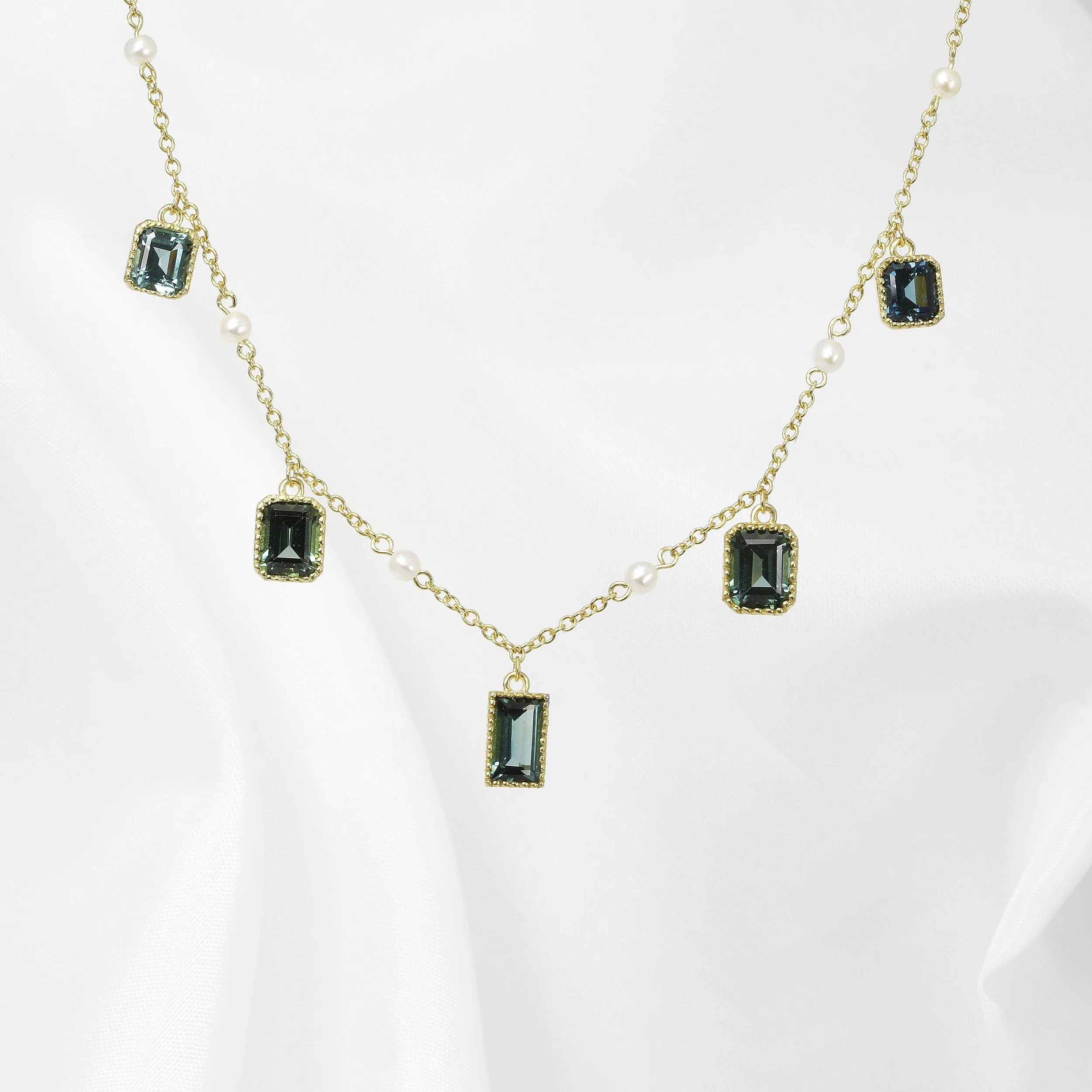 Tourmaline Multi-Drop Necklace with Seed Pearls in Yellow Gold