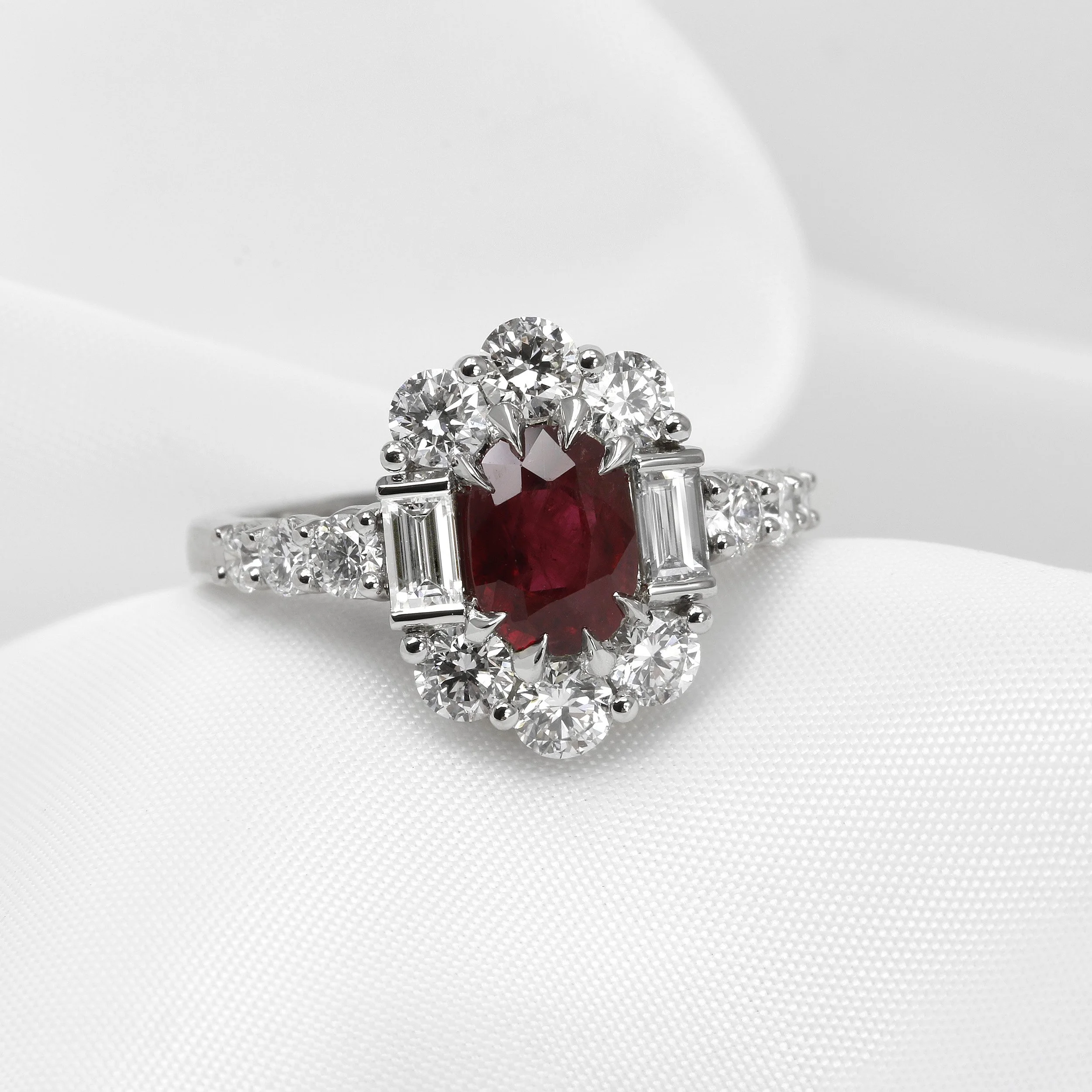 Ruby and Diamond Cluster Ring in Platinum