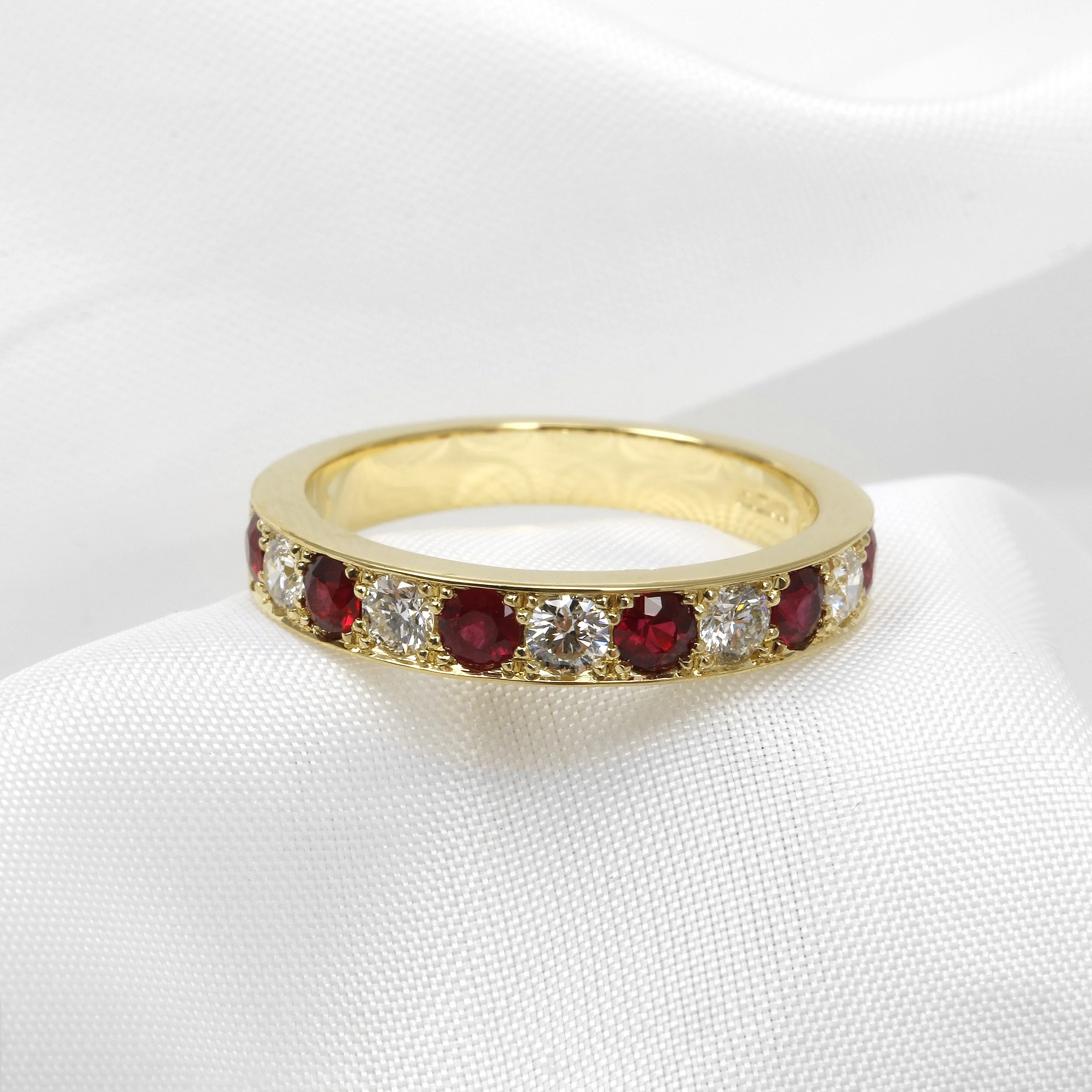 Grain Set Ruby and Diamond Eternity Ring in 18ct Yellow Gold