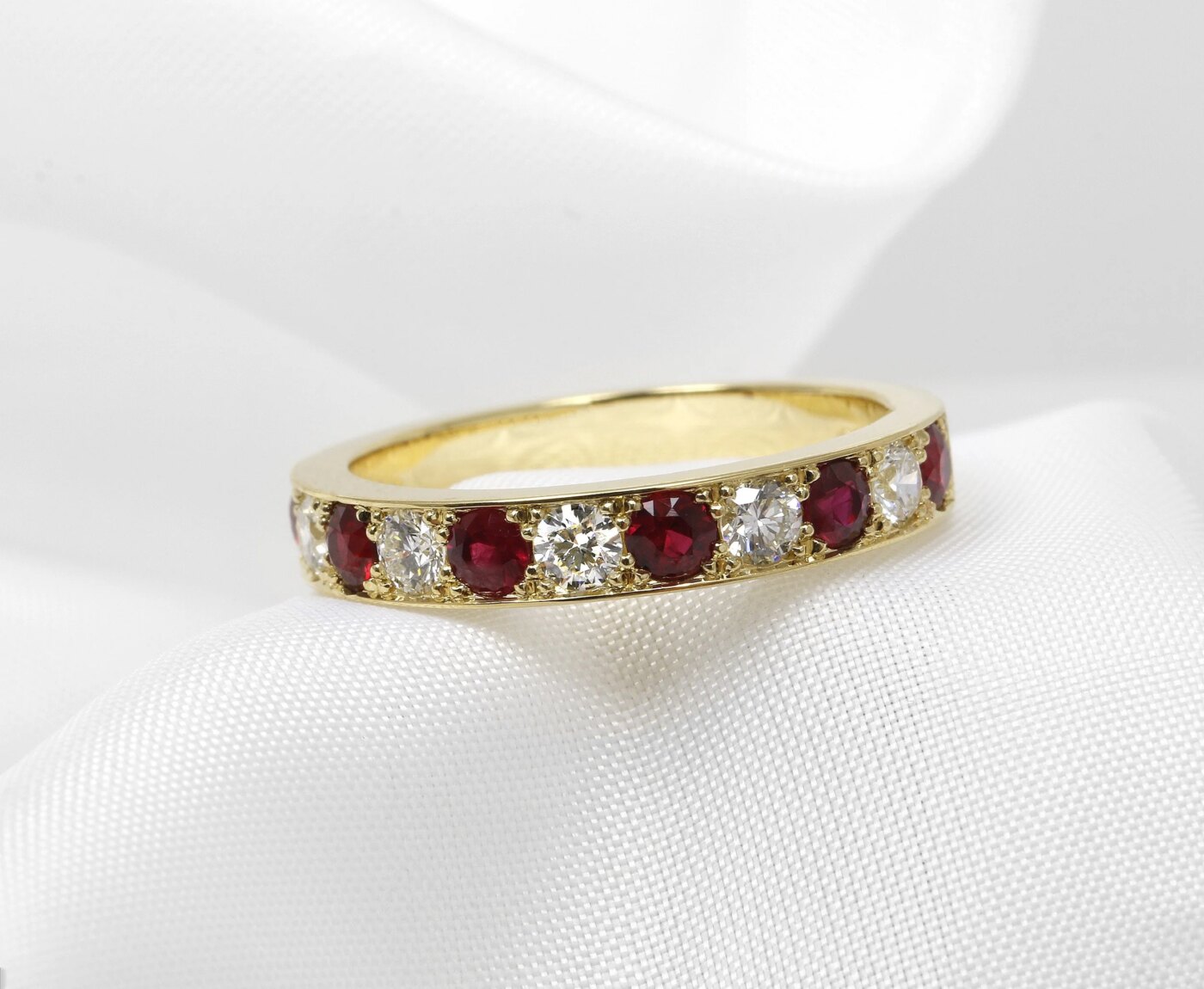 Timothy Roe Grain Set Ruby and Diamond Eternity Ring in 18ct Yellow Gold 