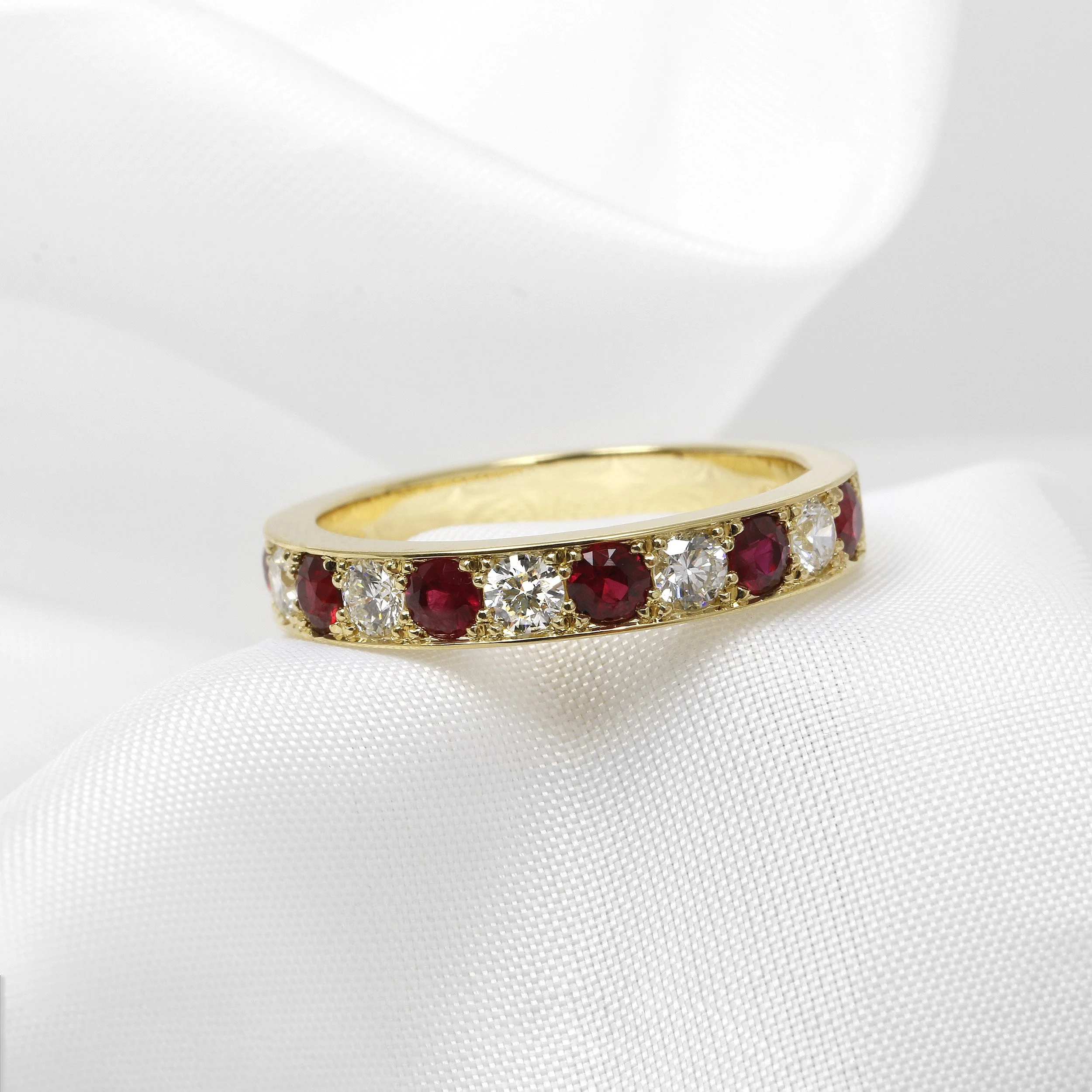 Grain Set Ruby and Diamond Eternity Ring in 18ct Yellow Gold