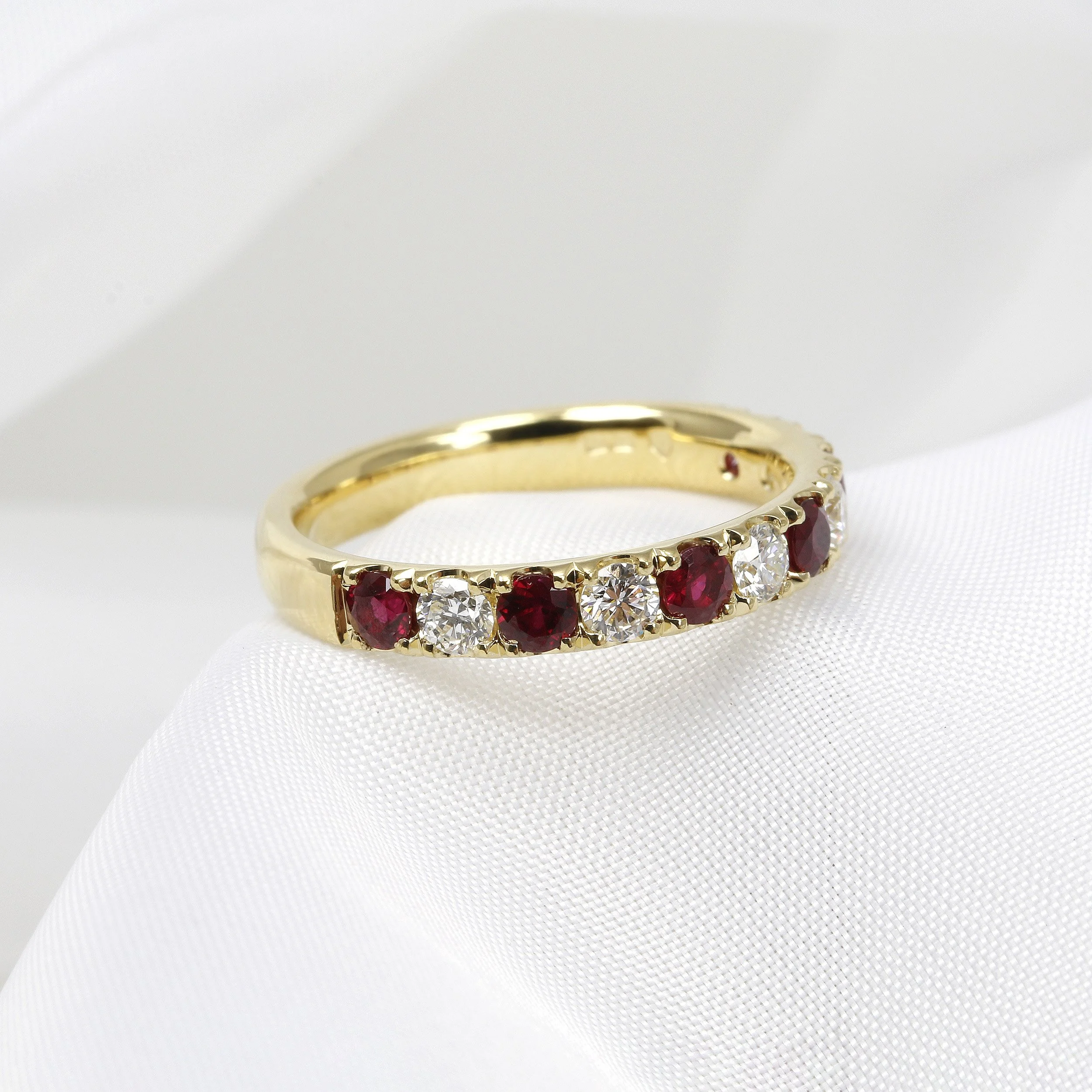 Claw Set Ruby and Diamond Eternity Ring in 18ct Yellow Gold