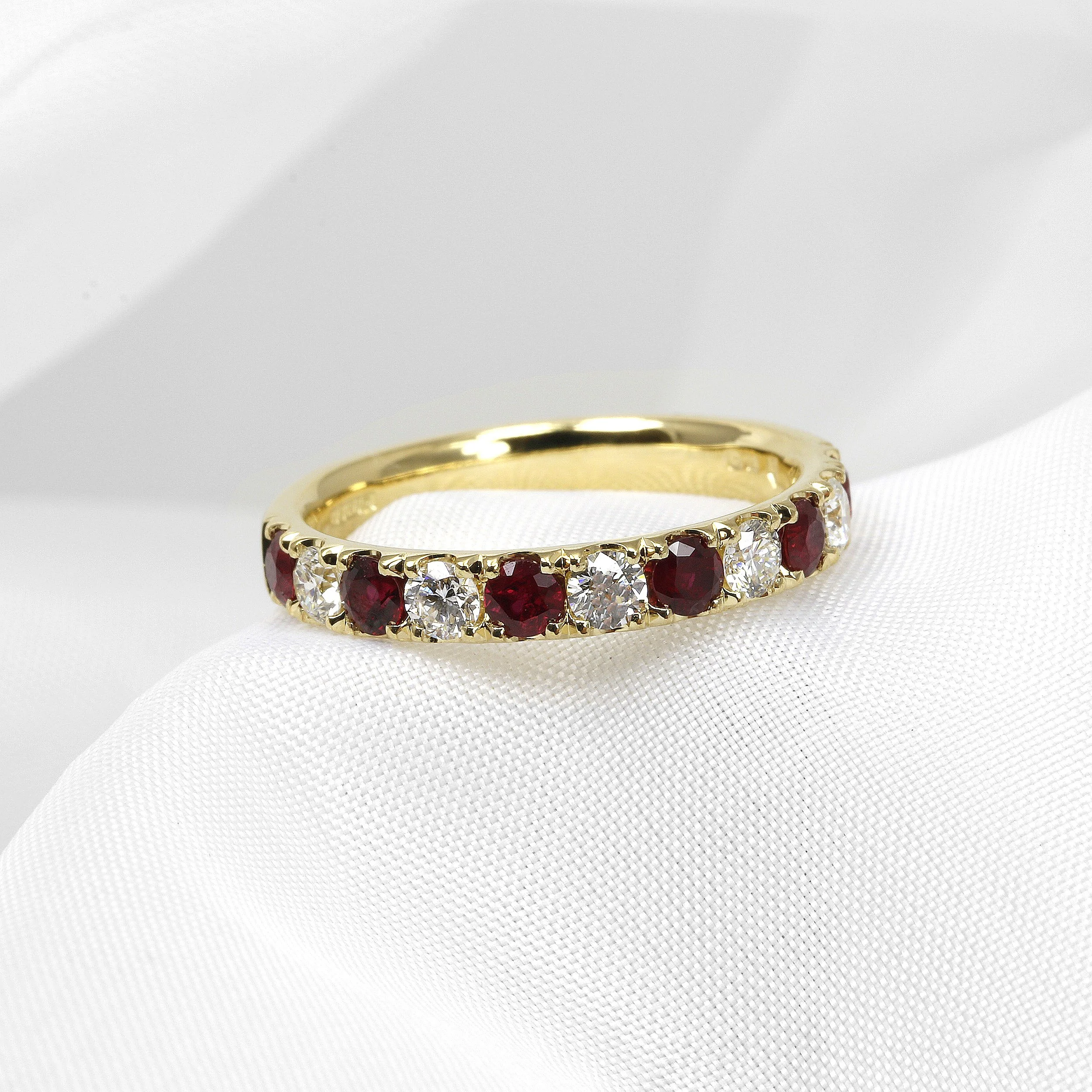 Claw Set Ruby and Diamond Eternity Ring in 18ct Yellow Gold