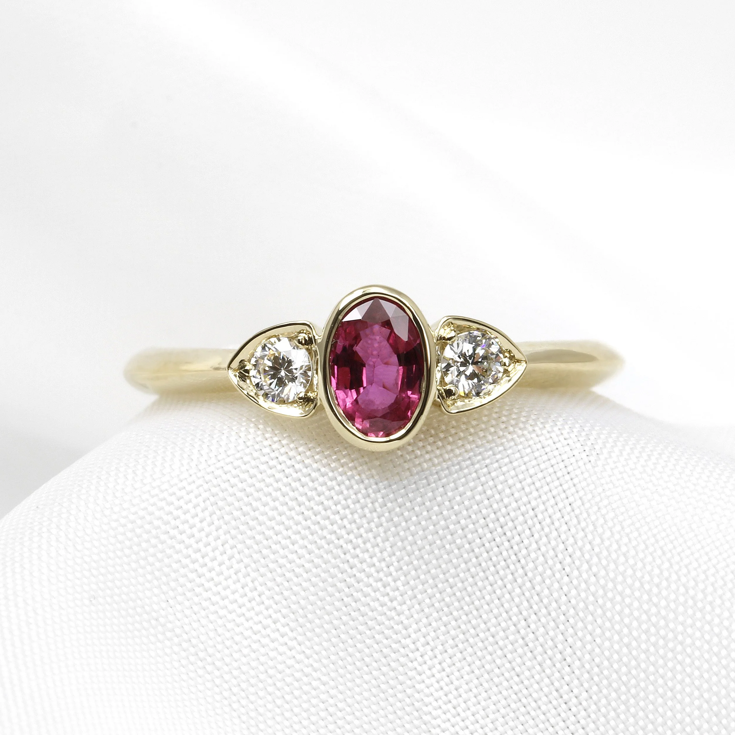 Ruby and Diamond Three Stone Ring in 9ct Yellow Gold