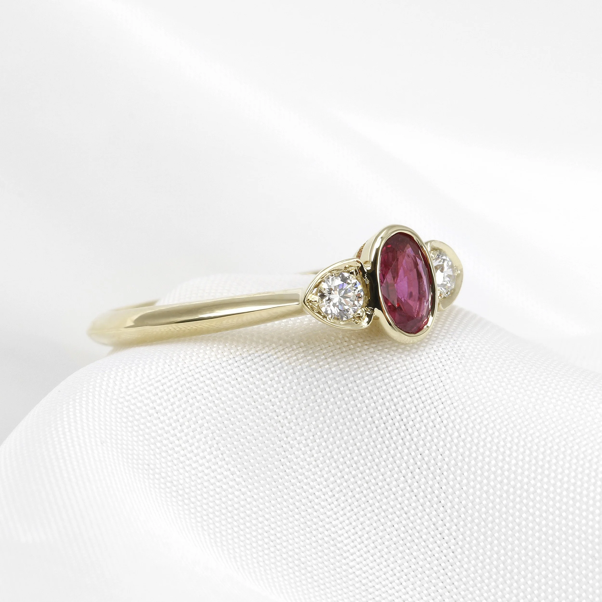Ruby and Diamond Three Stone Ring in 9ct Yellow Gold