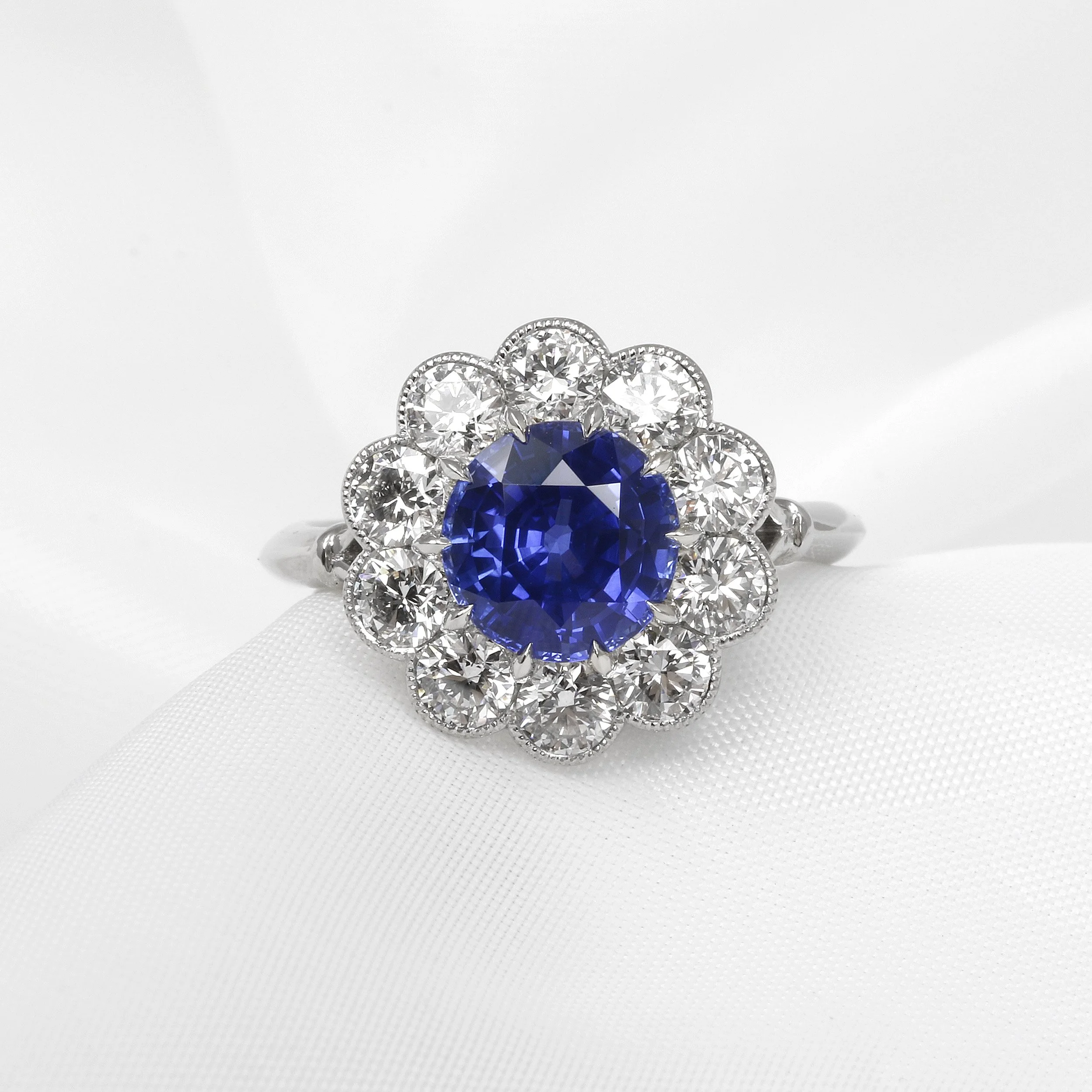 Ceylon Blue Sapphire and Diamond Daisy Cluster Ring