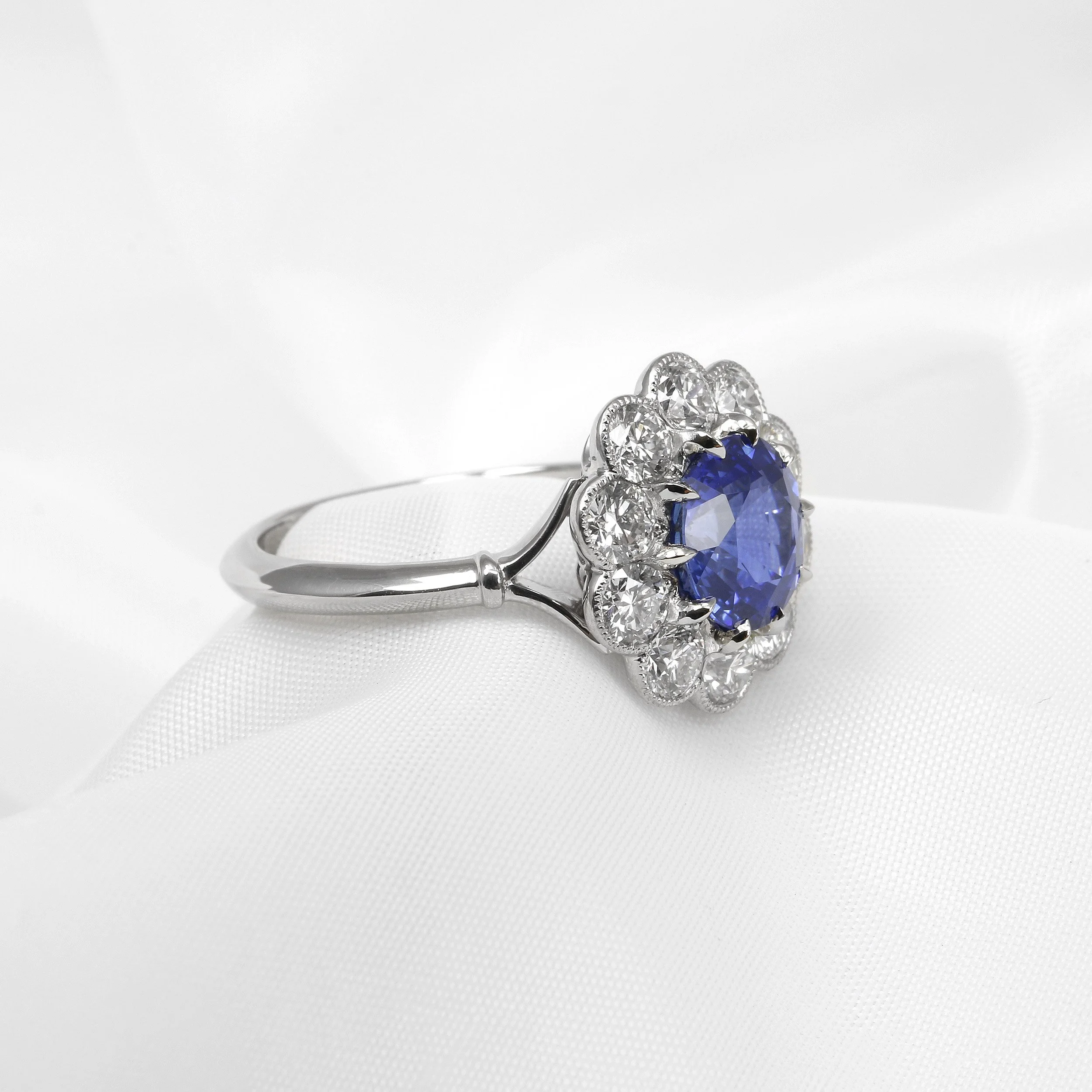 Ceylon Blue Sapphire and Diamond Daisy Cluster Ring