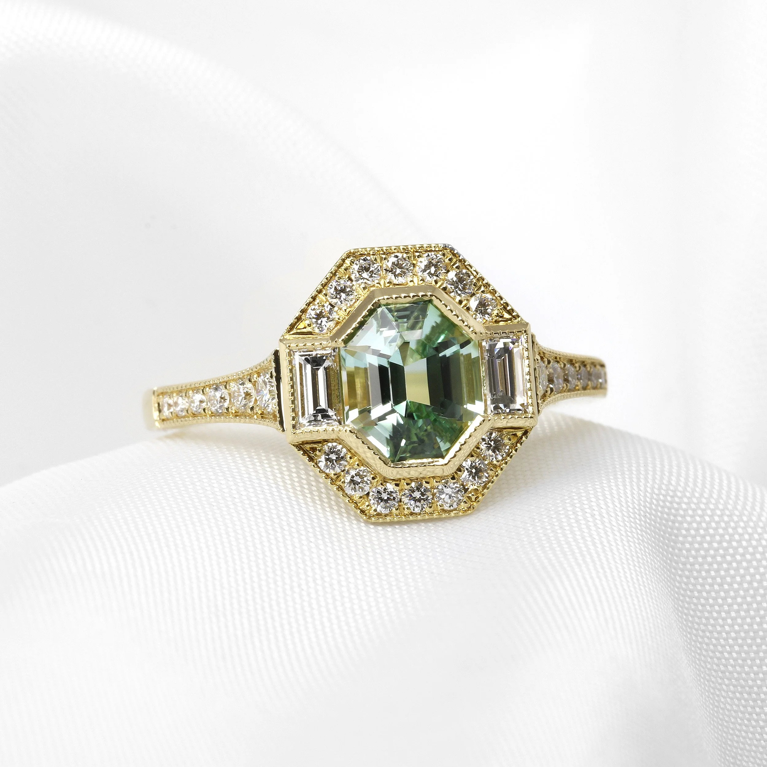 Tourmaline and Diamond Edwardian Style Cluster Ring in 18ct Yellow Gold
