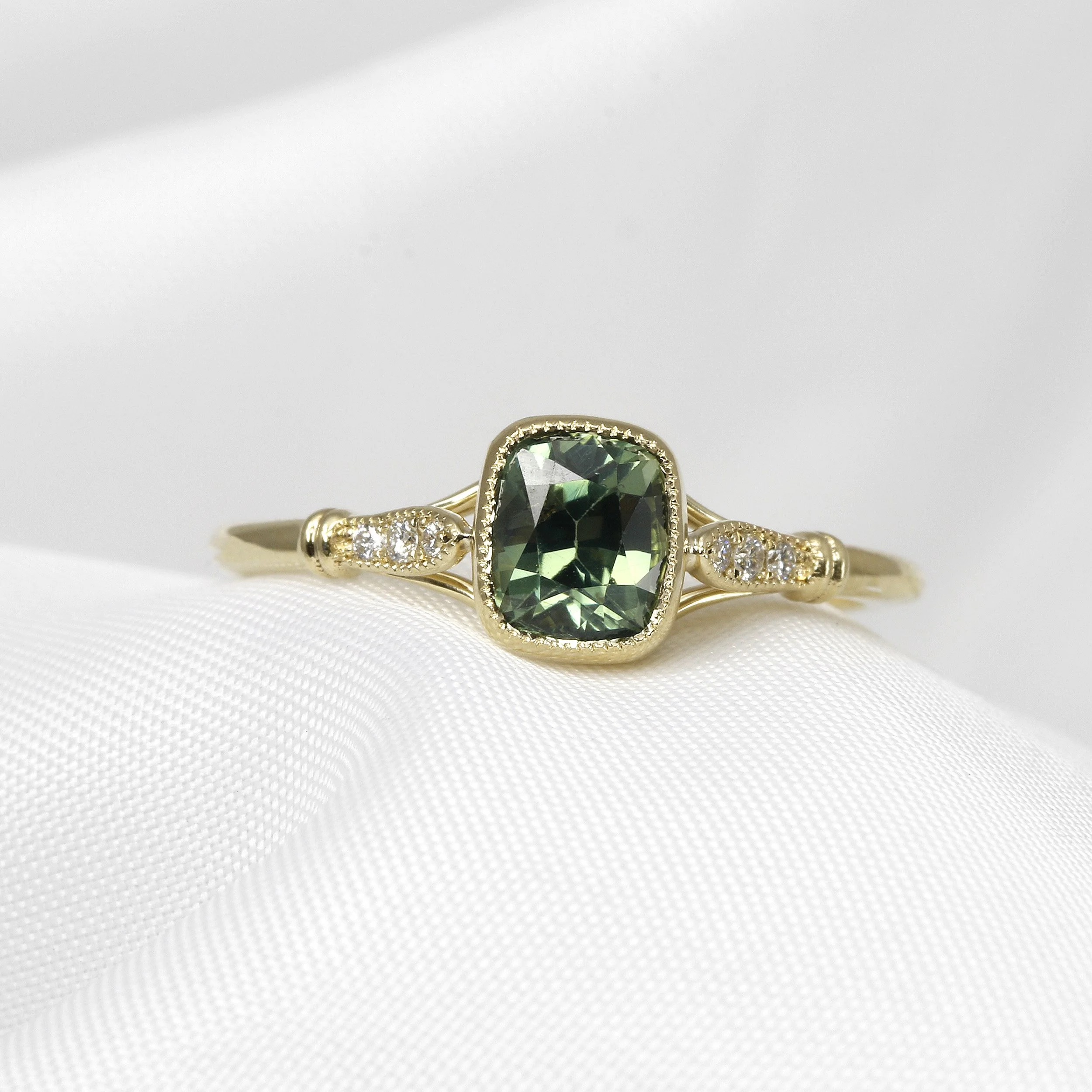 Teal Sapphire and Diamond Ring in Yellow Gold