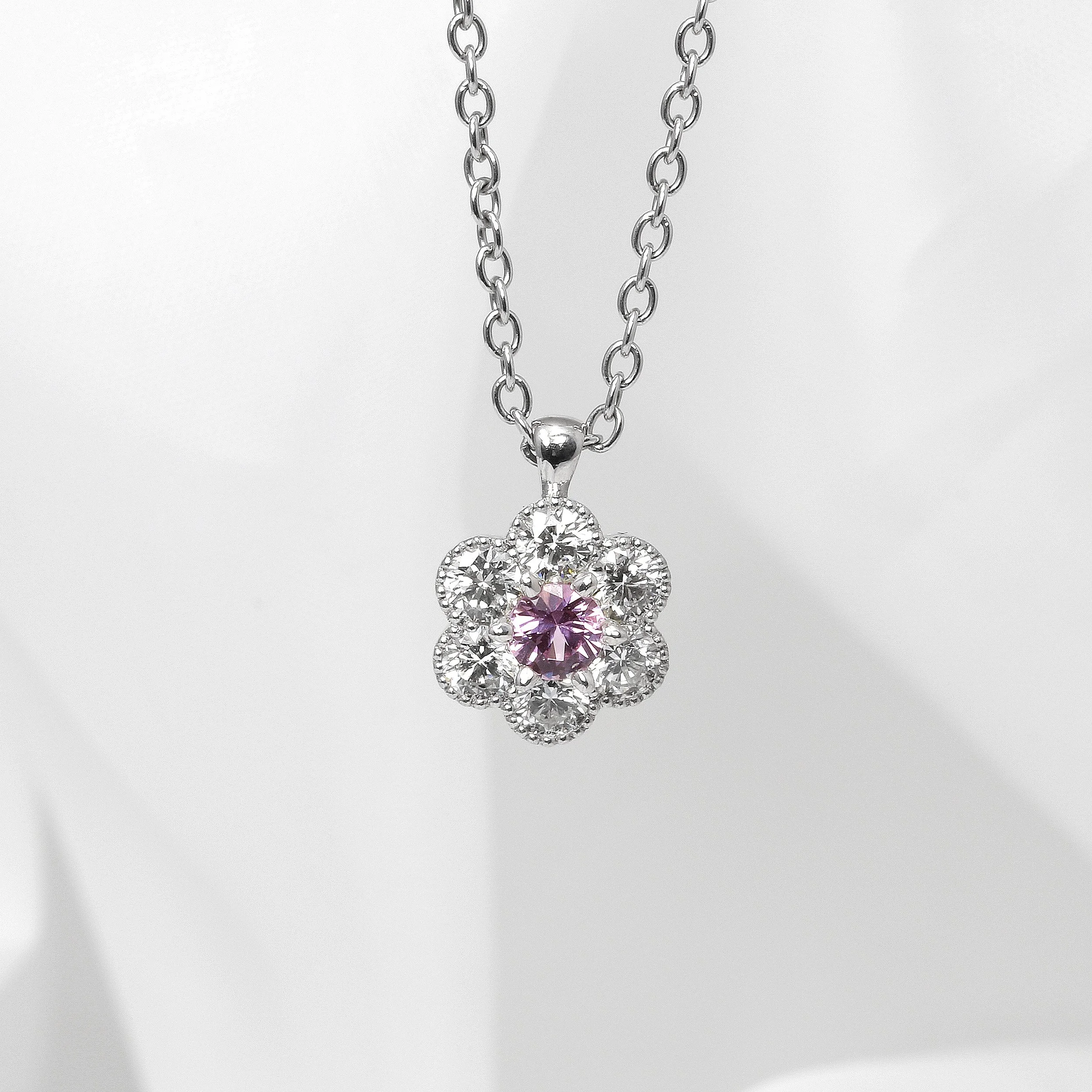 Pink Sapphire and Diamond Daisy Cluster Pendant in White Gold