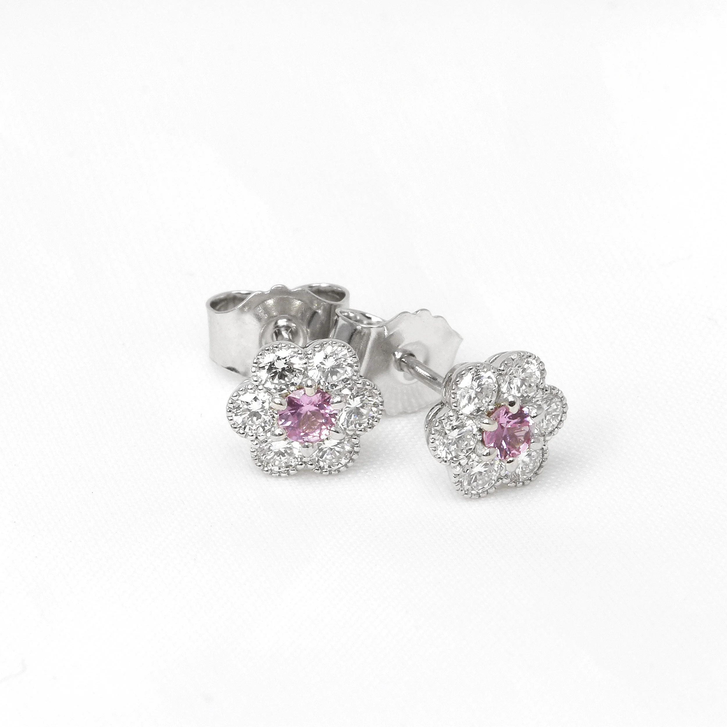 Pink Sapphire and Diamond Daisy Cluster Stud Earrings