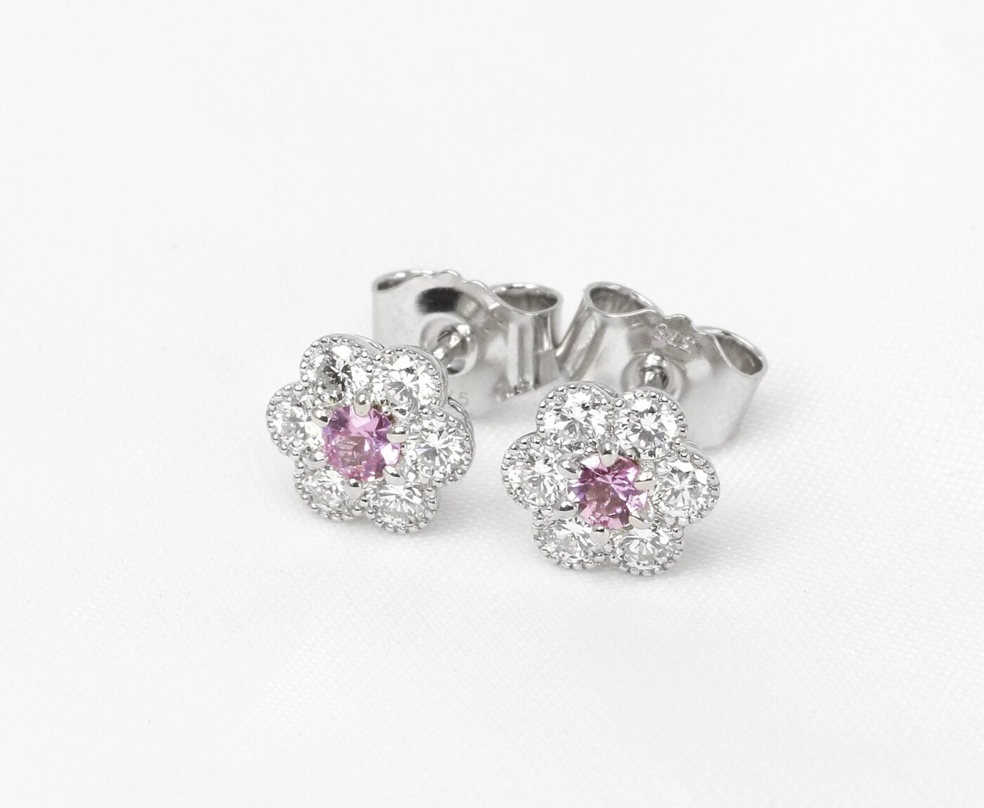 Pink Sapphire and Diamond Daisy Cluster Stud Earrings in White Gold 