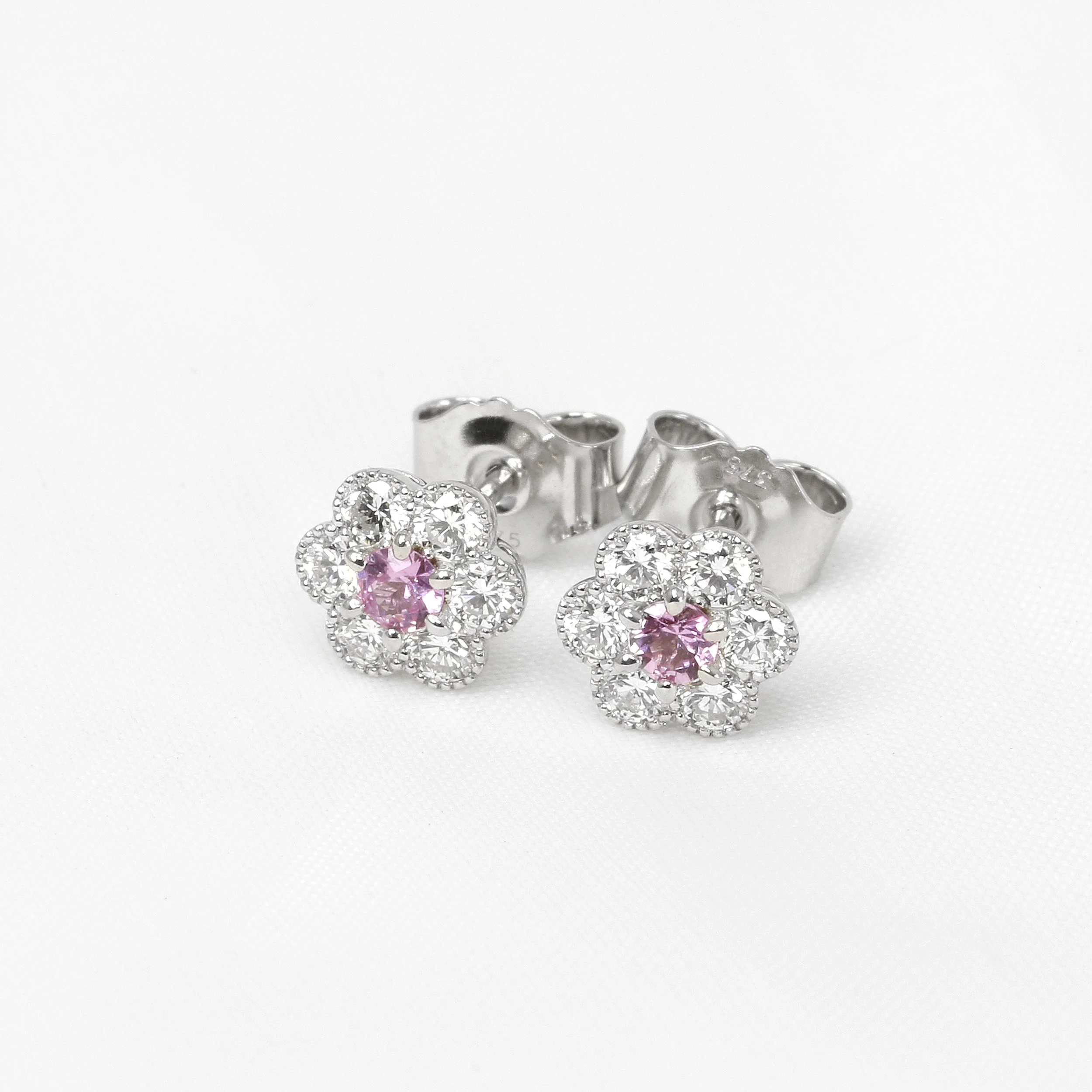Pink Sapphire and Diamond Daisy Cluster Stud Earrings
