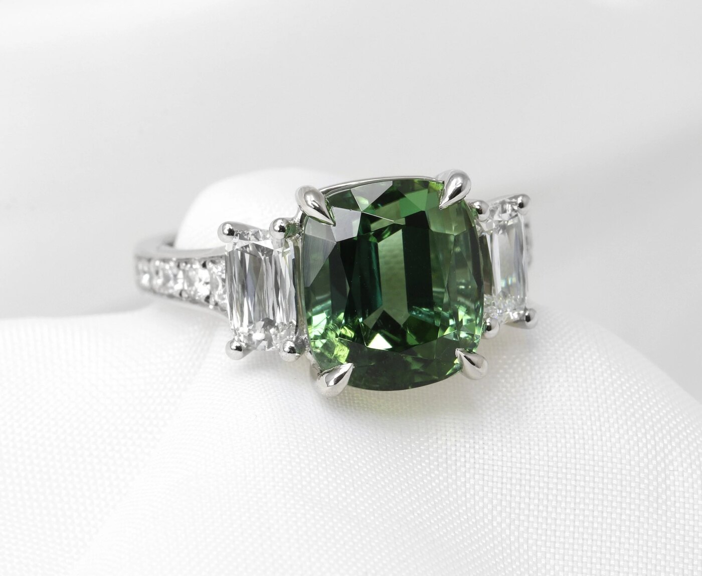 Timothy Roe Cushion Cut Tourmaline and Diamond Ring in Platinum 
