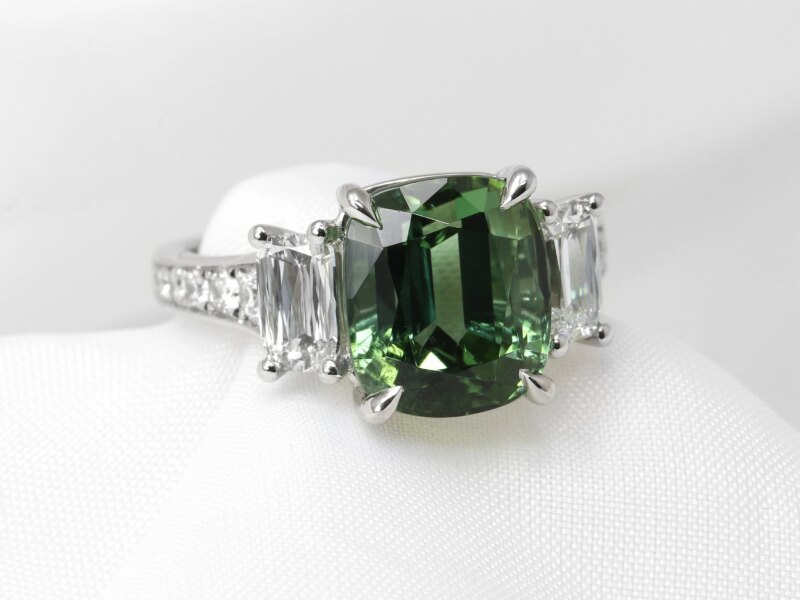 Cushion Cut Tourmaline and Diamond Ring in Platinum