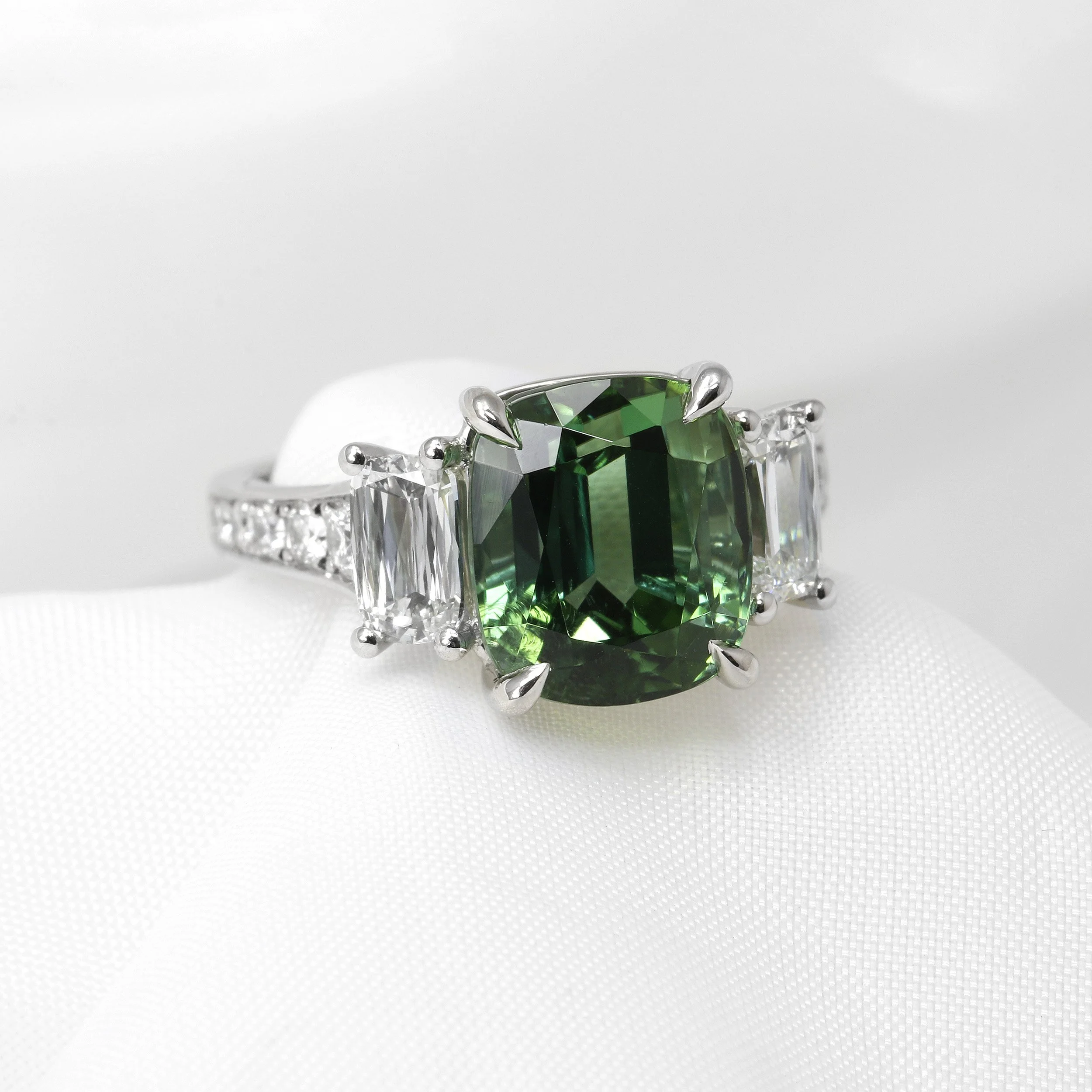 Cushion Cut Tourmaline and Diamond Ring in Platinum