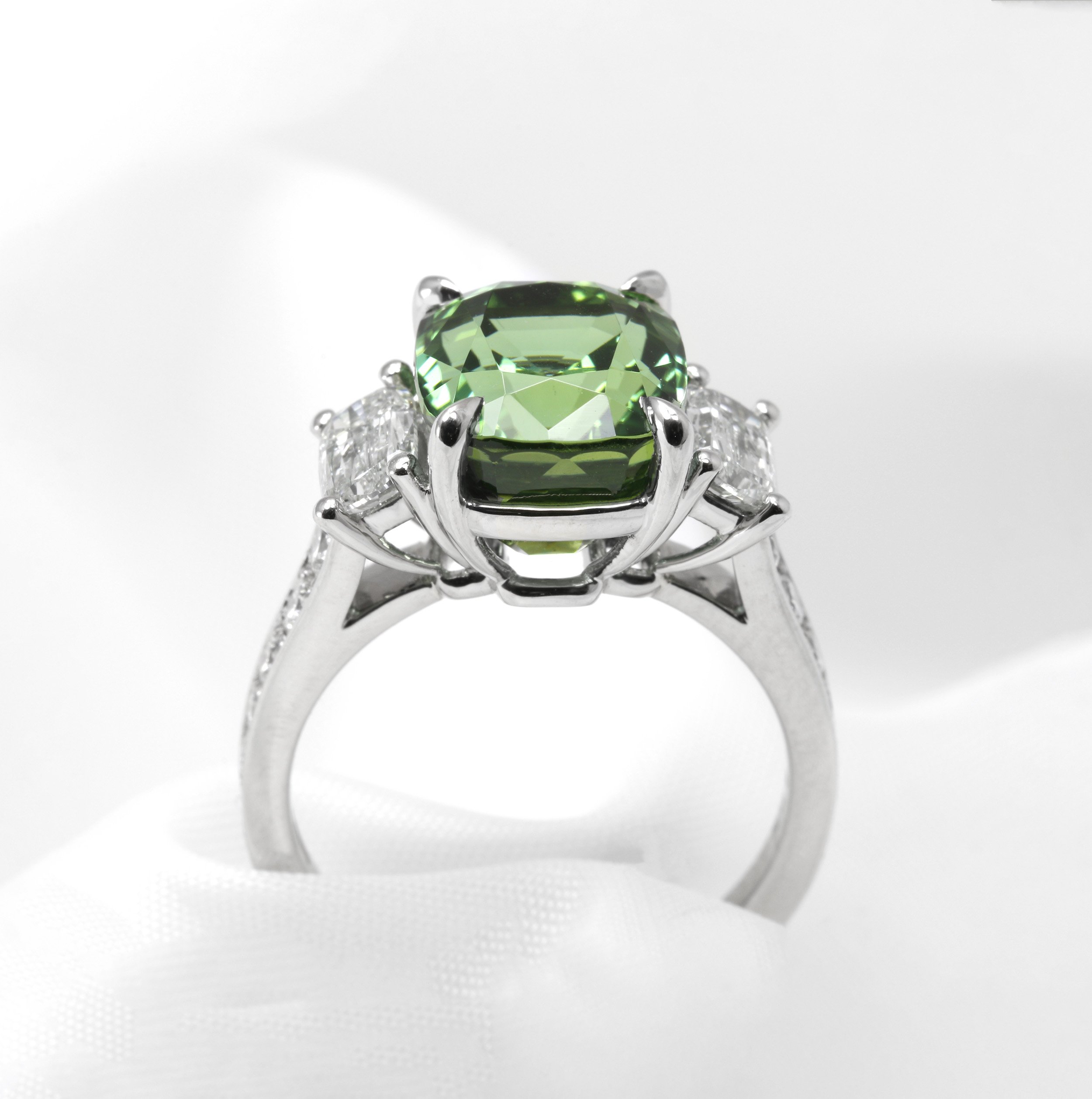 Cushion Cut Tourmaline and Diamond Ring in Platinum