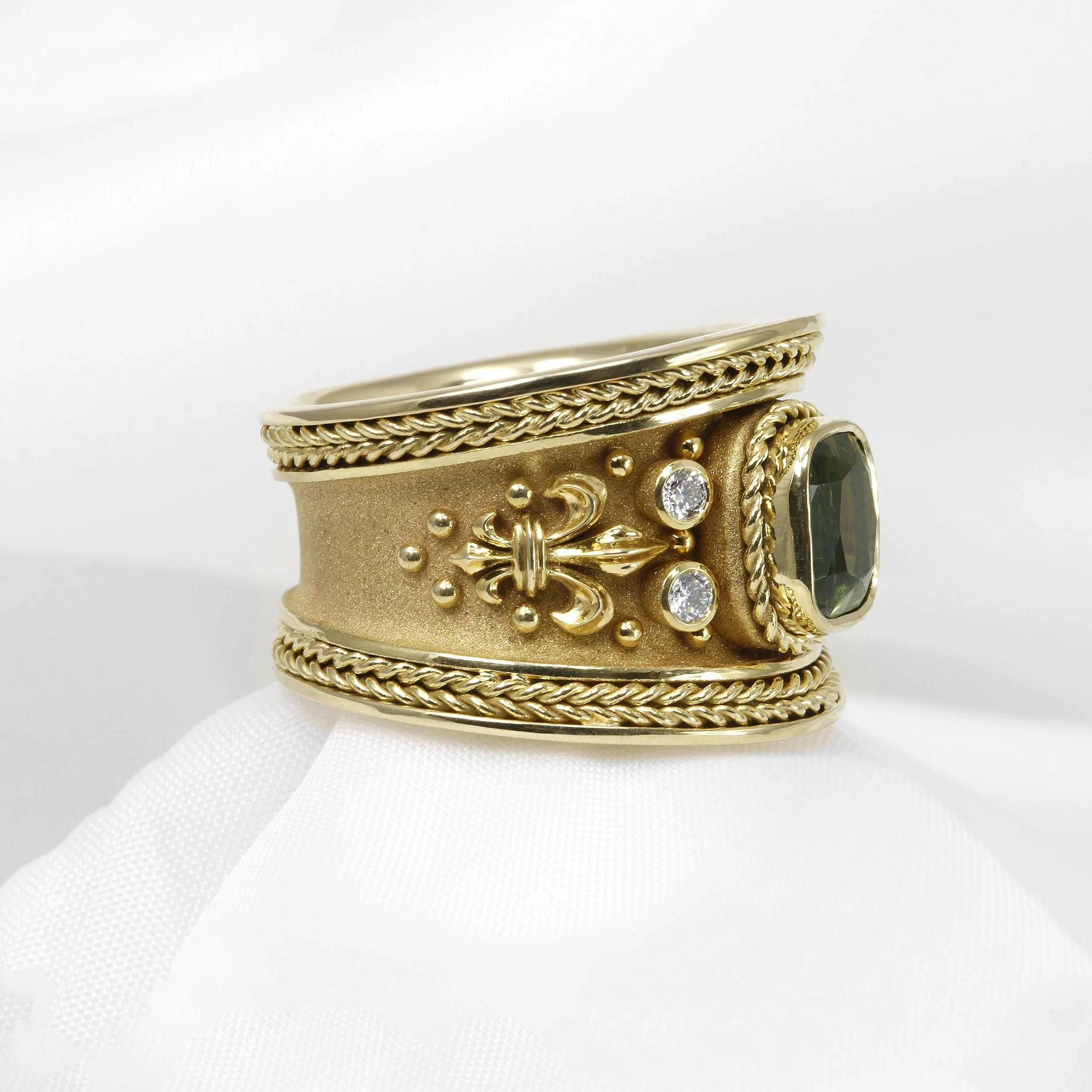 Tourmaline and Diamond Wide Band Ring in 9ct Yellow Gold