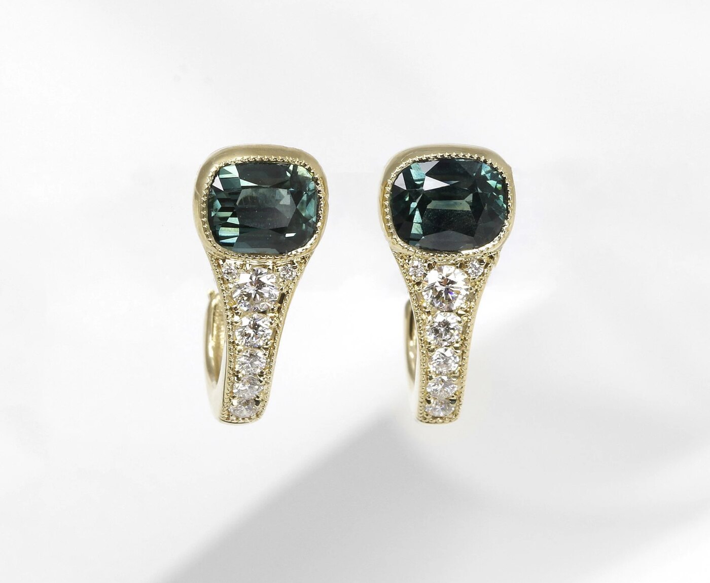 Teal Sapphire and Diamond Hoop Earrings in 9ct Yellow Gold