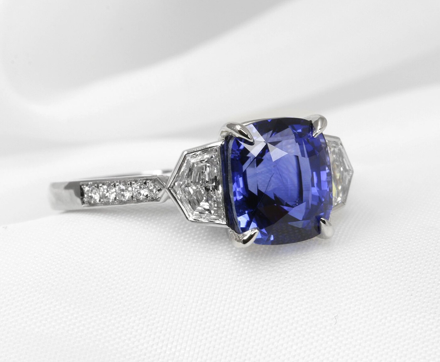 Cushion Sapphire and Cadillac Diamond Ring in Platinum