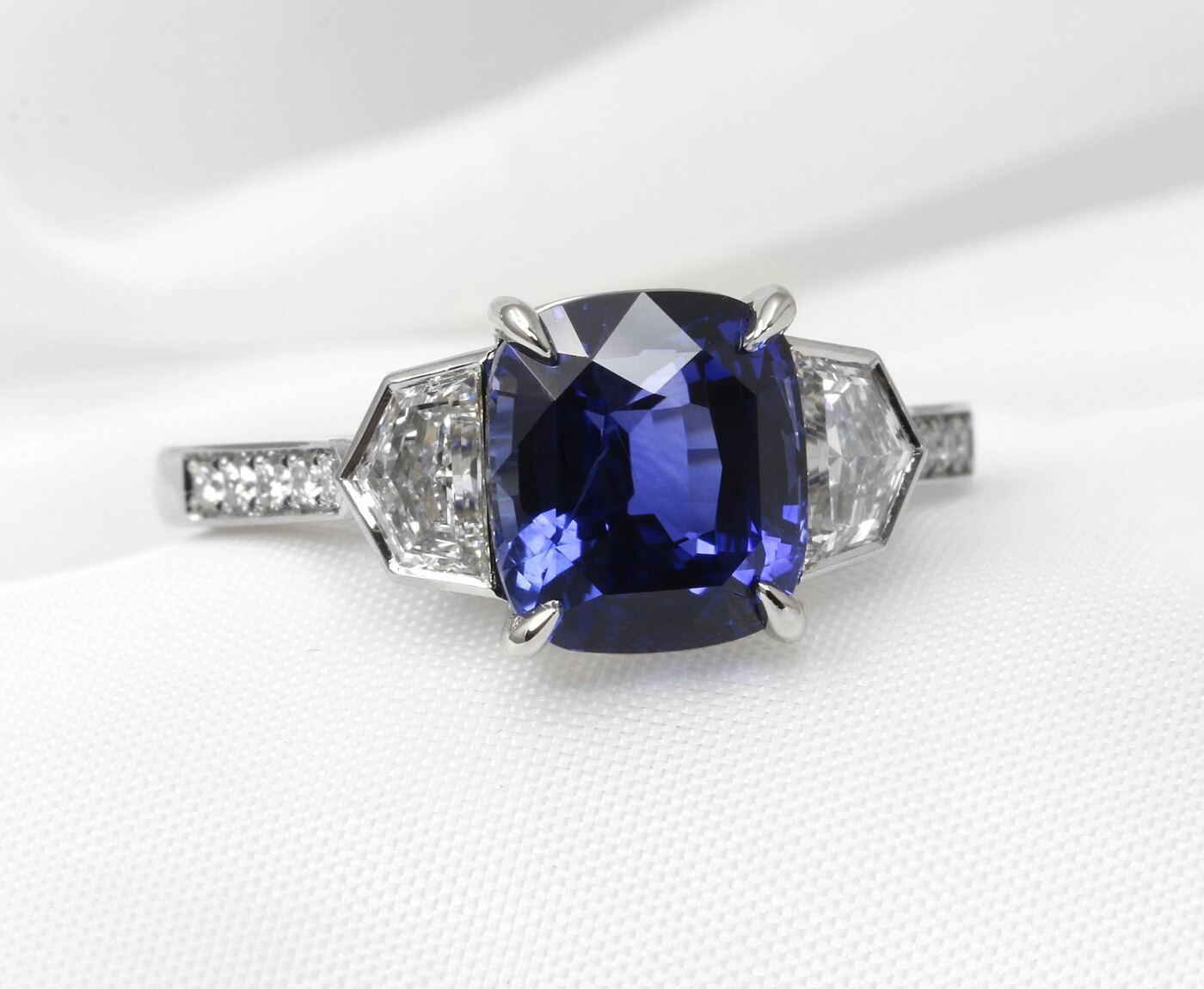 Cushion Sapphire and Cadillac Diamond Ring in Platinum