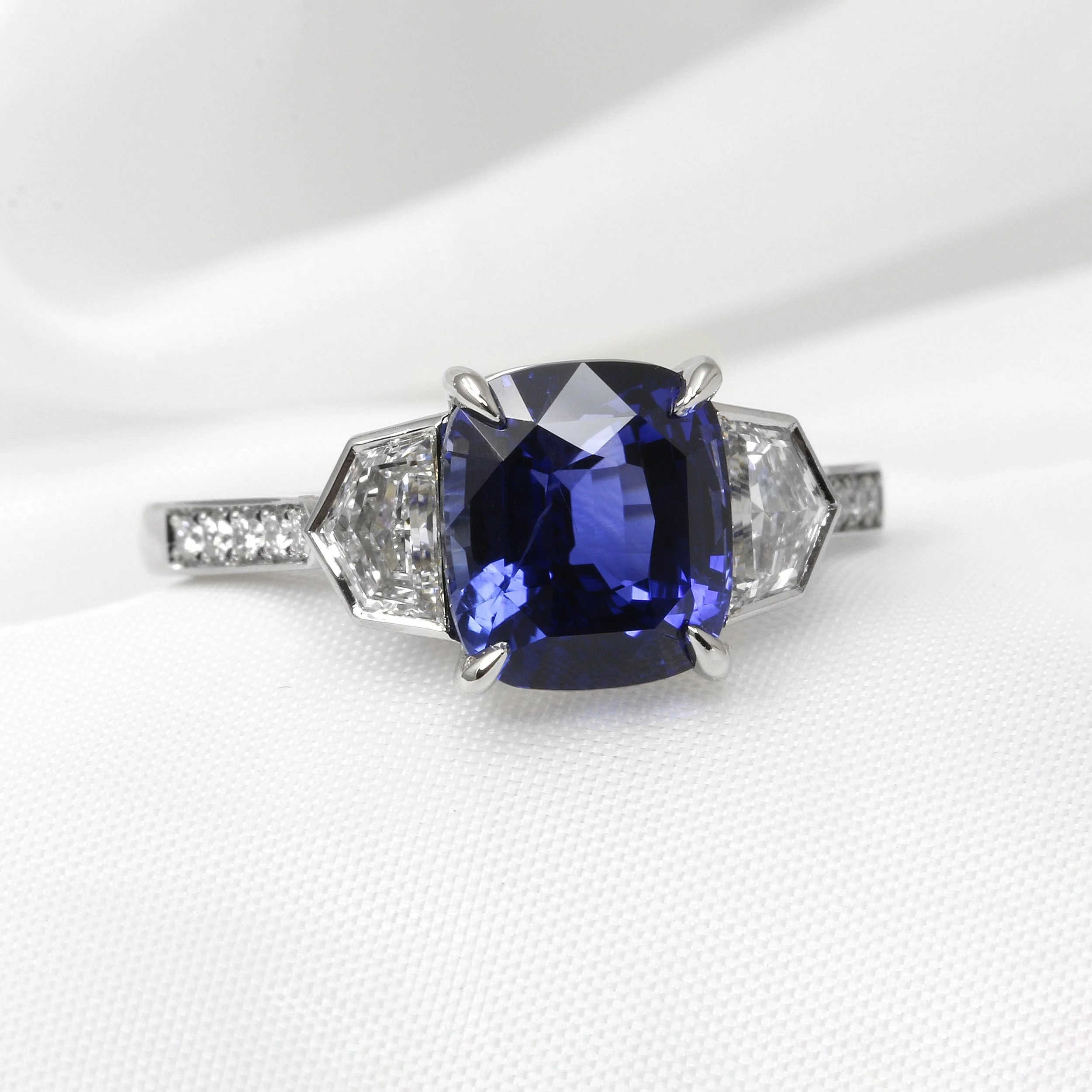 Cushion Sapphire and Cadillac Diamond Ring in Platinum