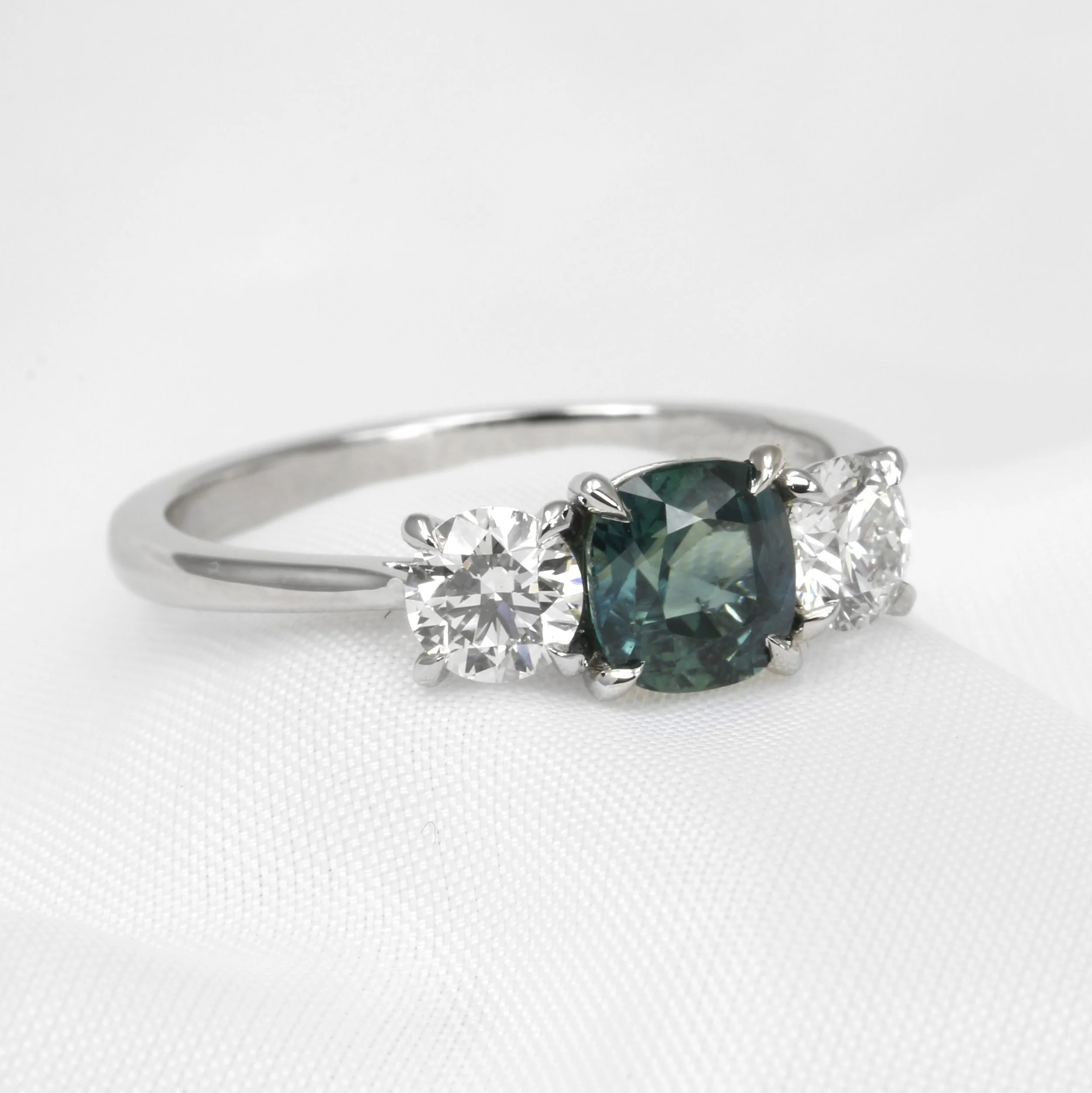 Cushion Teal Sapphire and Diamond Ring in Platinum