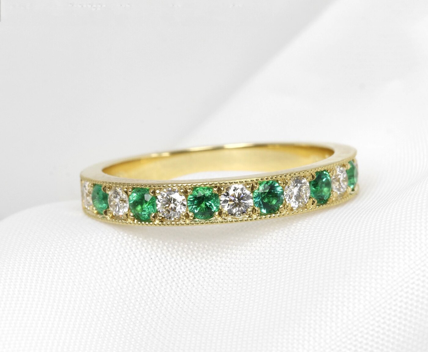 Timothy Roe Emerald and Diamond Eternity Ring in 18ct Yellow Gold 