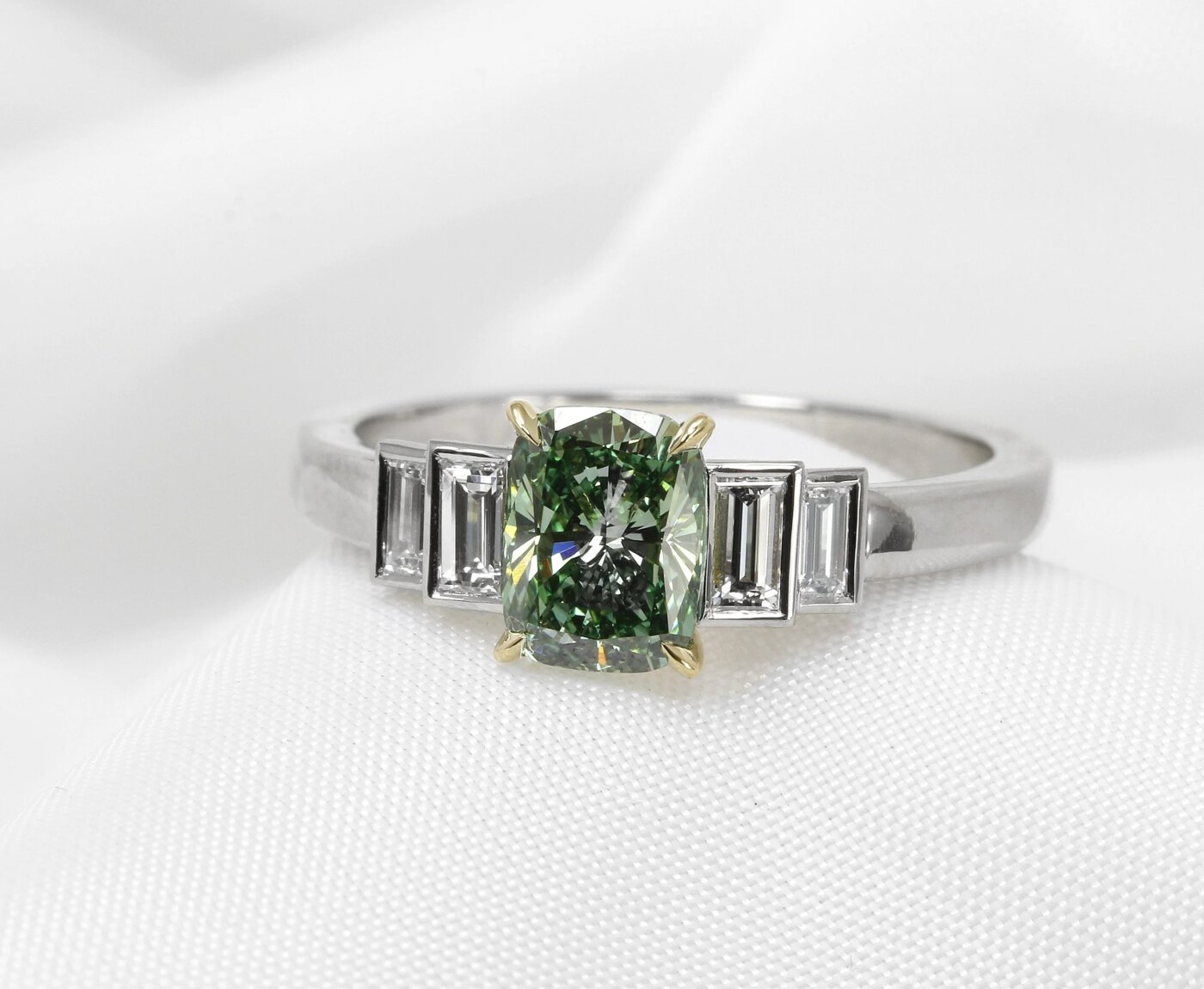 Lab Created Green Oval Diamond and Baguette Five Stone Ring in Platinum 