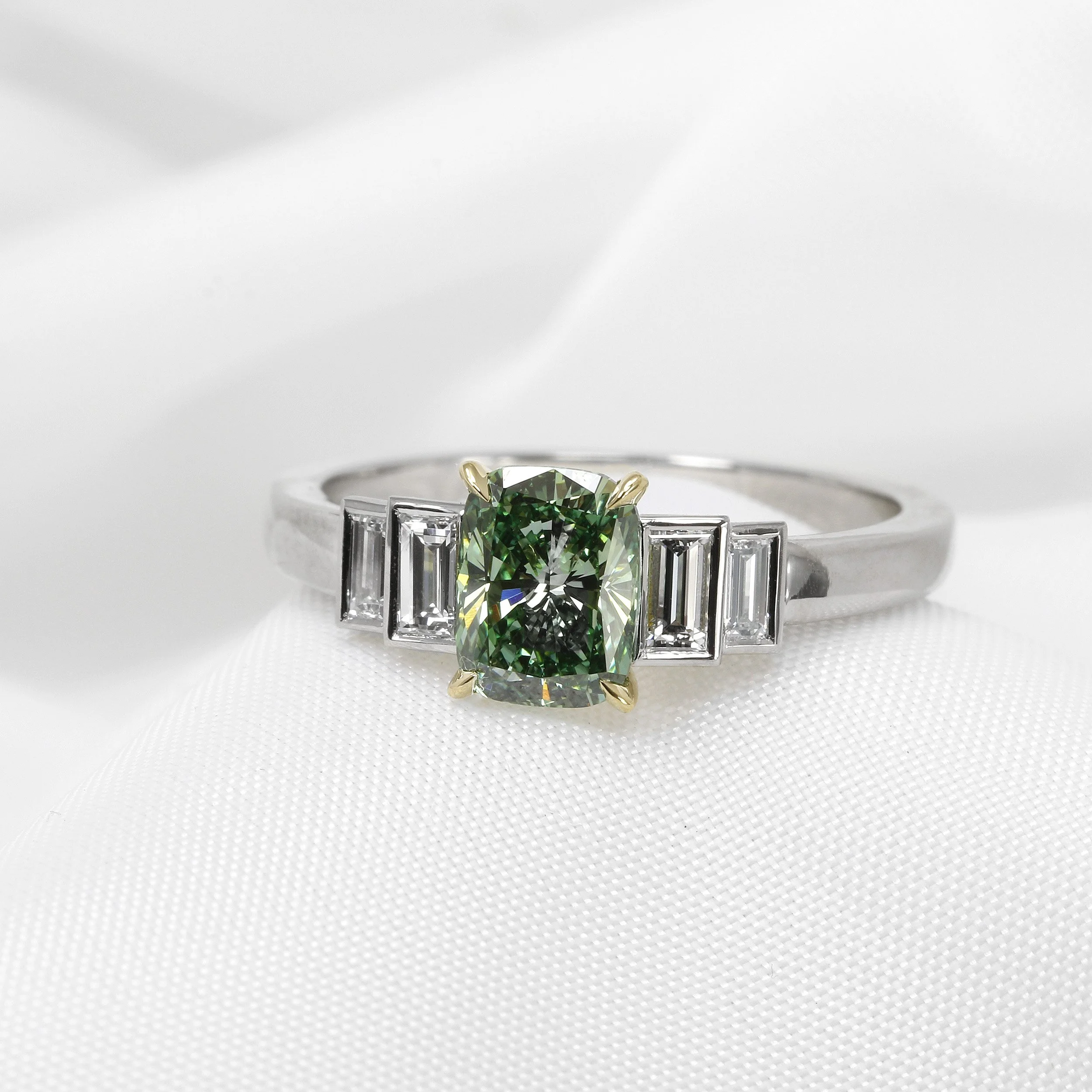 Lab Created Green Oval Diamond and Baguette Five Stone Ring